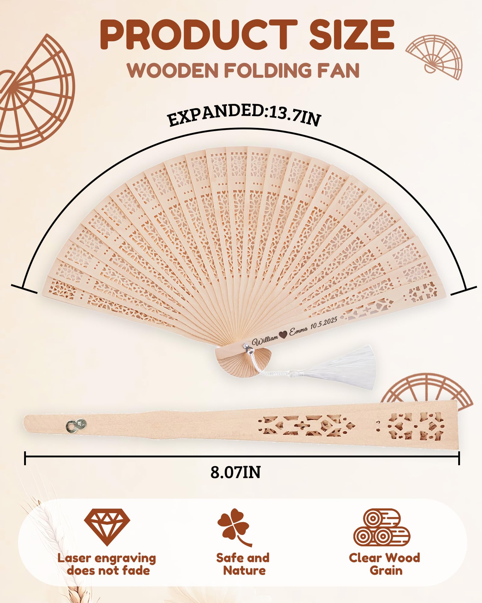 10 Piezas Abanicos de Madera Personalizados Abanicos Plegables de Madera de Sándalo para Fiesta Regalo de Novia Regalo de Boda para Invitados (10)