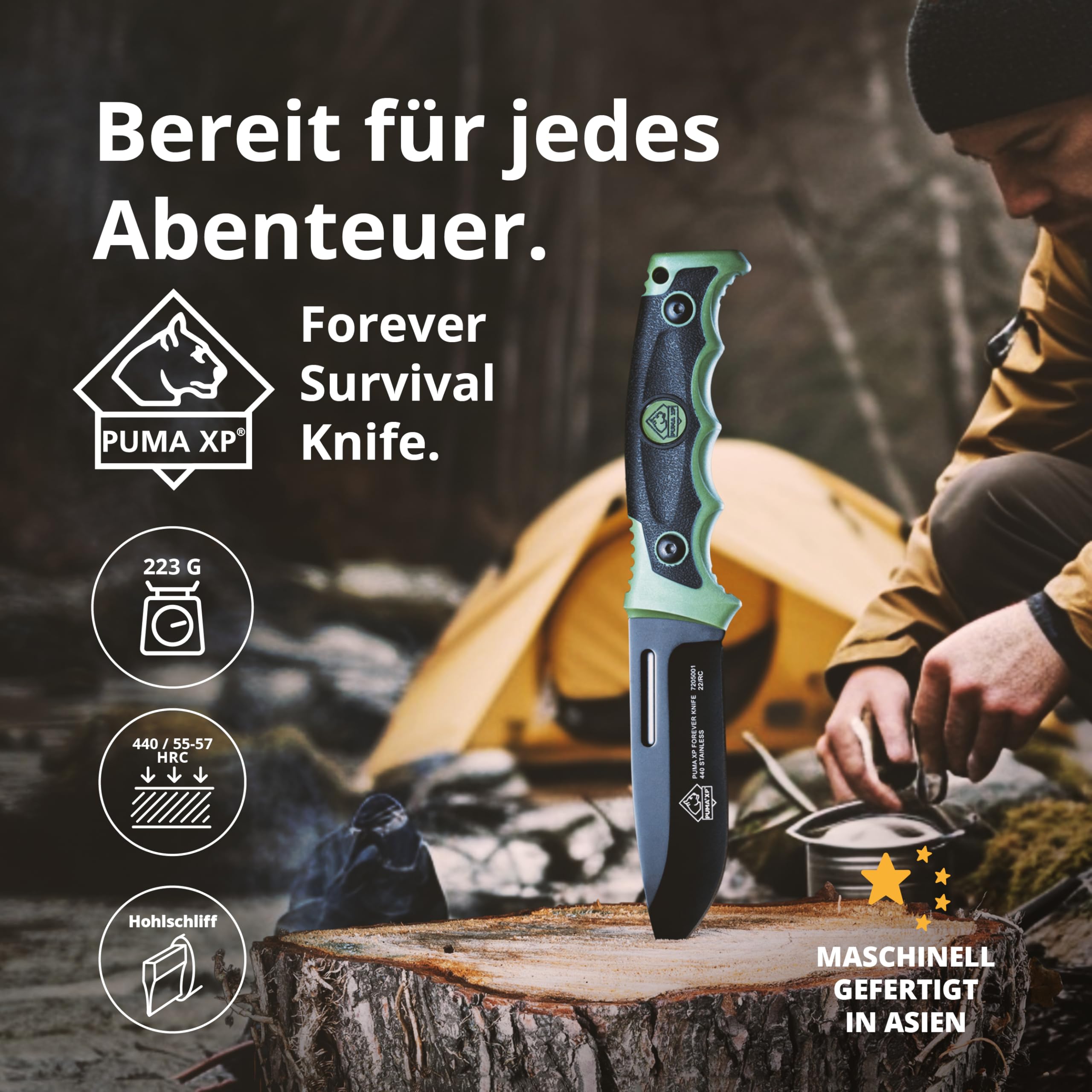PUMA XP – Forever Knife - Feststehendes Gürtelmesser in Grün - 123mm Klinge aus 440er Stahl (55-57 HRC) - Mit robuster Kunststoffscheide - Für Outdoor, Survival, Jagd & Camping (Art.Nr.: 7205001)