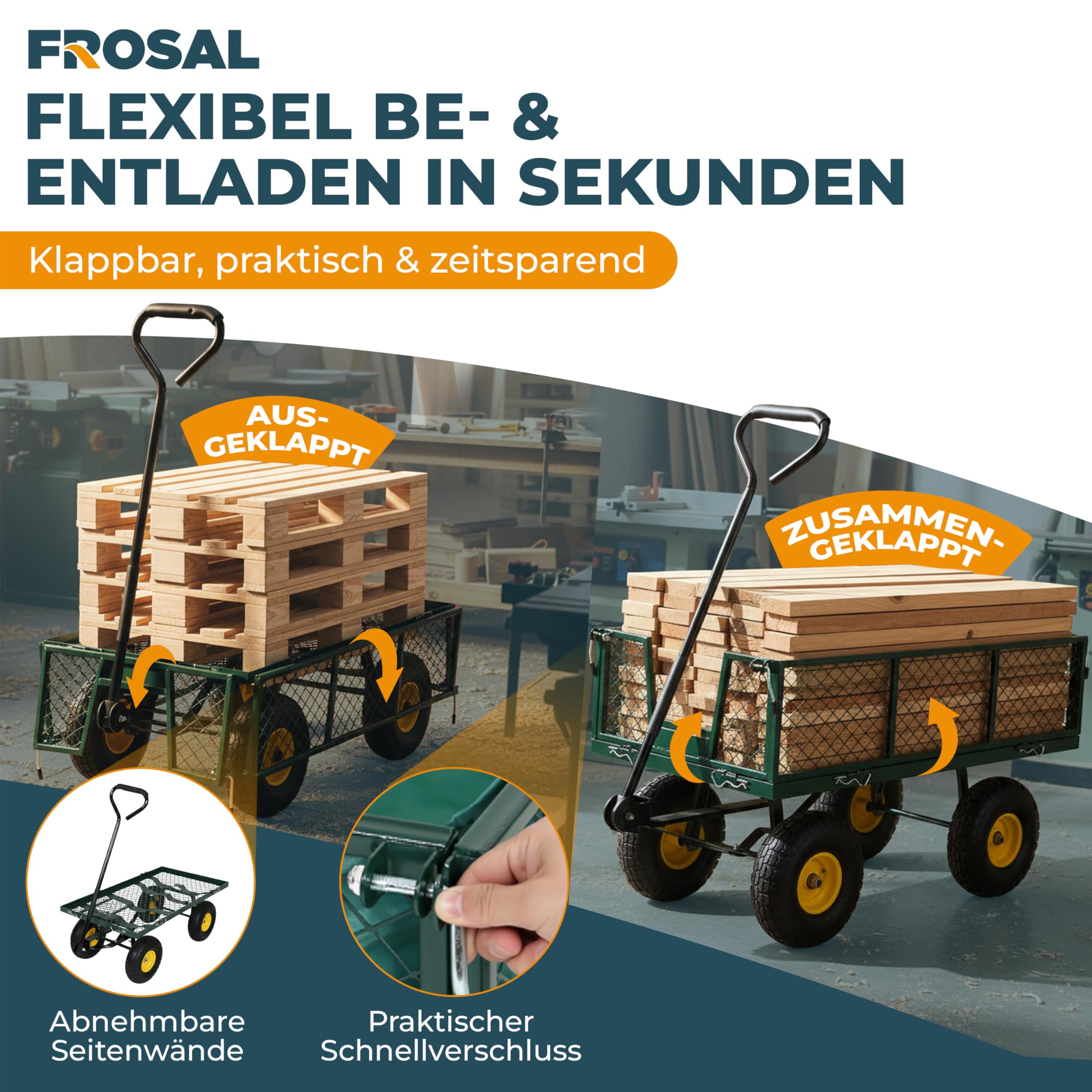 FROSAL Transportwagen Phil mit Lufträdern – Gartenwagen mit klappbaren Seitenwänden – Eigengewicht 19,5 kg – bis 350 kg Tragkraft – Maße 96,5×50,5×56,5 cm – Reifen Ø 26 cm – Stahlrahmen mit Innenplane
