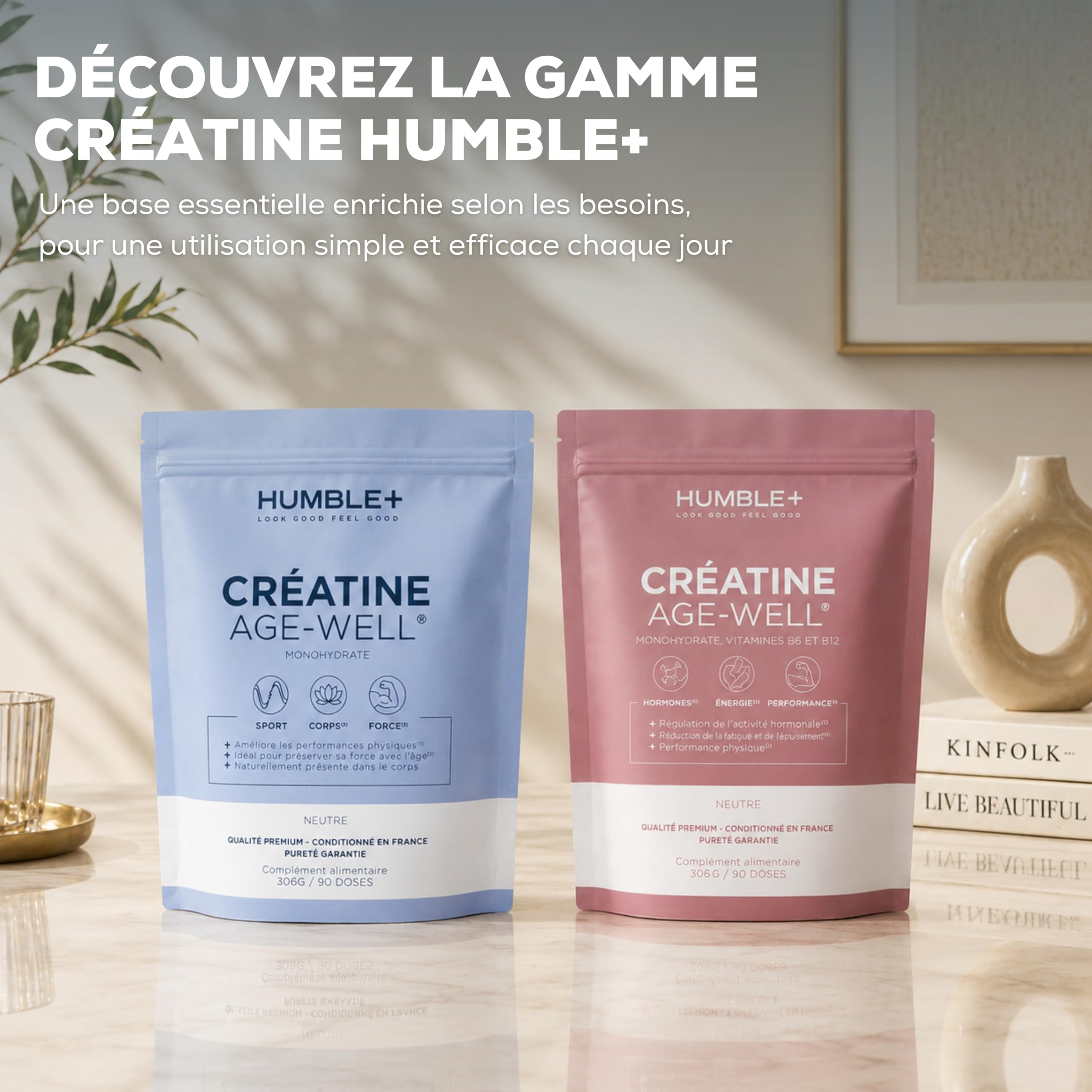 HUMBLE+ Créatine Monohydrate Age-Well® en Poudre (pureté 99,9%) - Supplément de Créatine Premium pour les Performances Physiques - Hautement Dosée - 306 g, 90 Portions - Marque Française