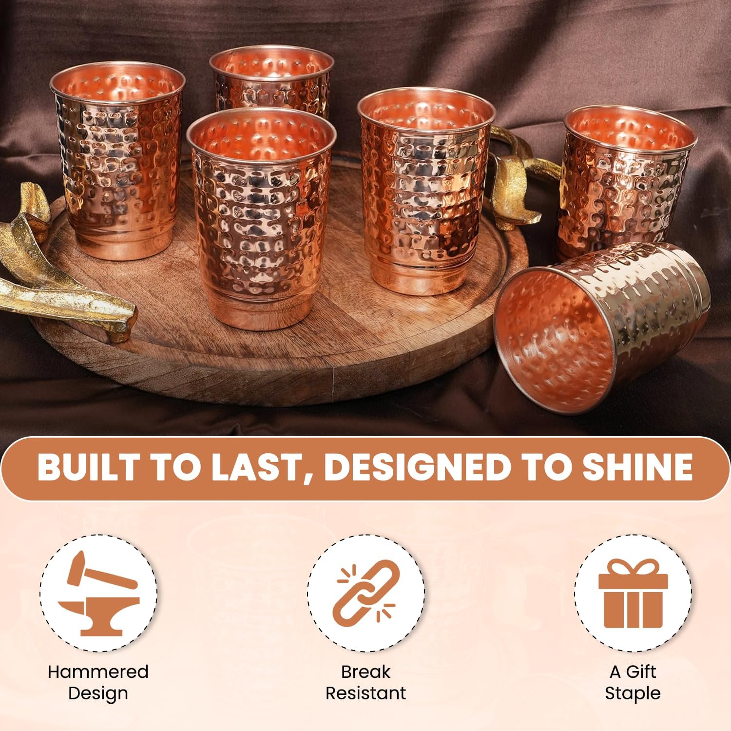 Hammered Design Pure Copper Tumbler Set of 6 | Drinking Water With Copper Cups | Tumblers For Home, Office, Hotel, Travel and Gifting - Each 11.8 US Fl Oz - Image 4