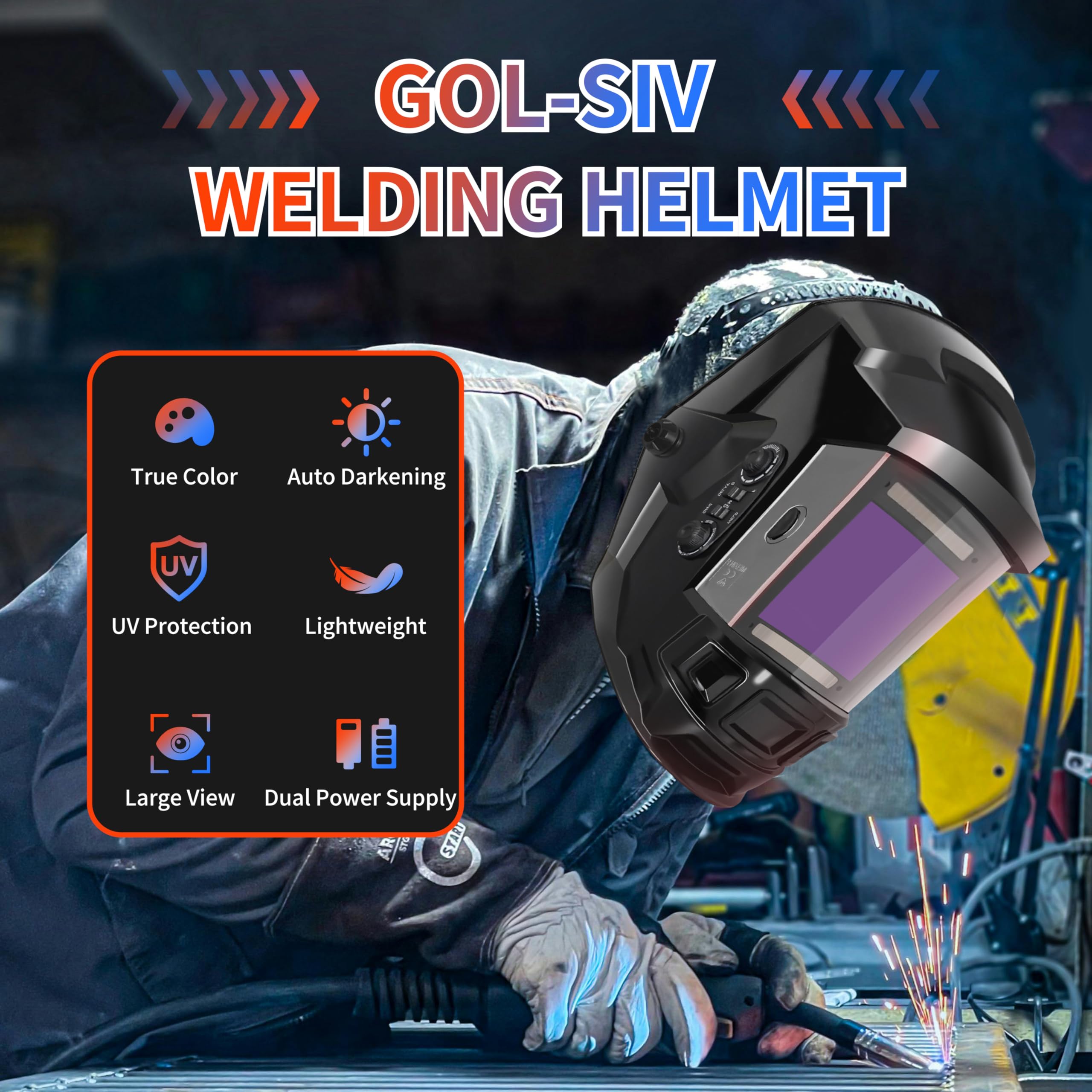 Schweißhelm mit automatischer Verdunkelung, 10,2 x 10,2 cm, optischer Grad 1/1/1/2-True Farbe, Solar- und Batterieleistung, 4 Sensor, 0,1 ms Reaktionszeit, breiter Schatten, DIN5 ~ 9/9 ~ 13 für SMAW