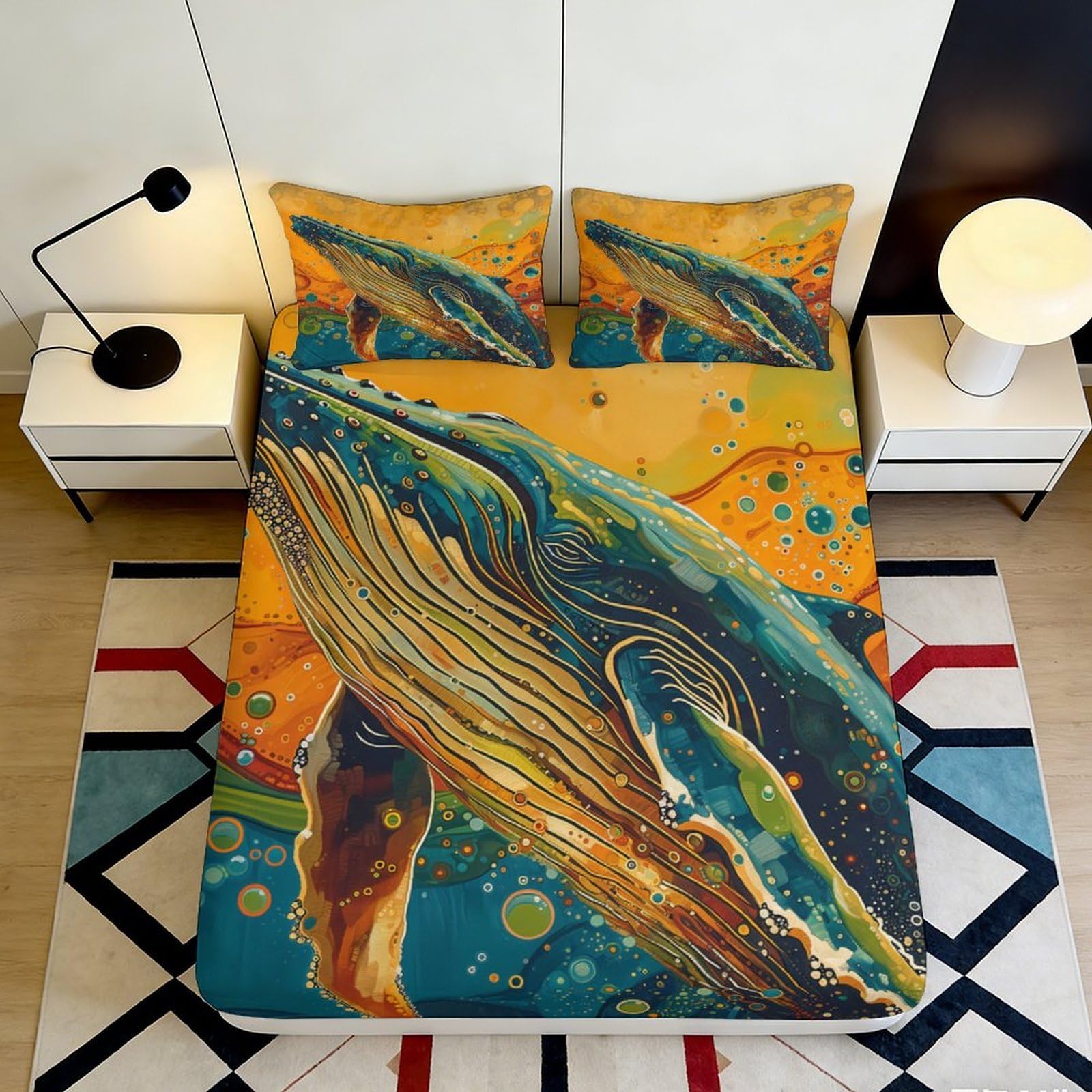 3D Printed Whale Ocean Fitted Sheet Microfiber Soft Breathable Abstract Sea Mattress Cover for Bedroom Dorm Decor 90x200x25cm