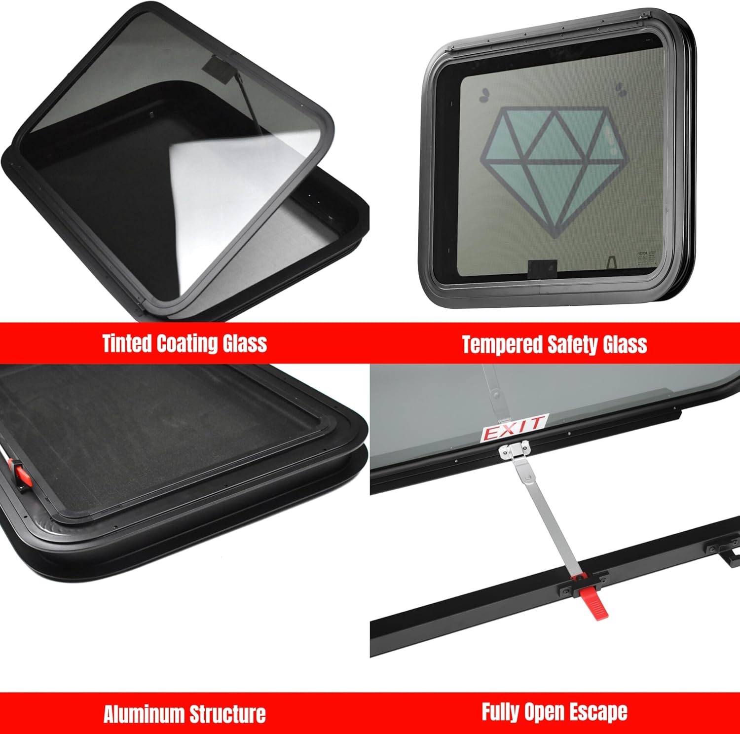 RV Emergency Exit Window 15"x22" Tempered Trailer Pop Out Window DOT Certified - Shatterproof Glass with Screen & Trim Kit, 1-1/2" Wall Fit for Teardrop Camper, Cargo Travel Trailer (Heat Insulation)