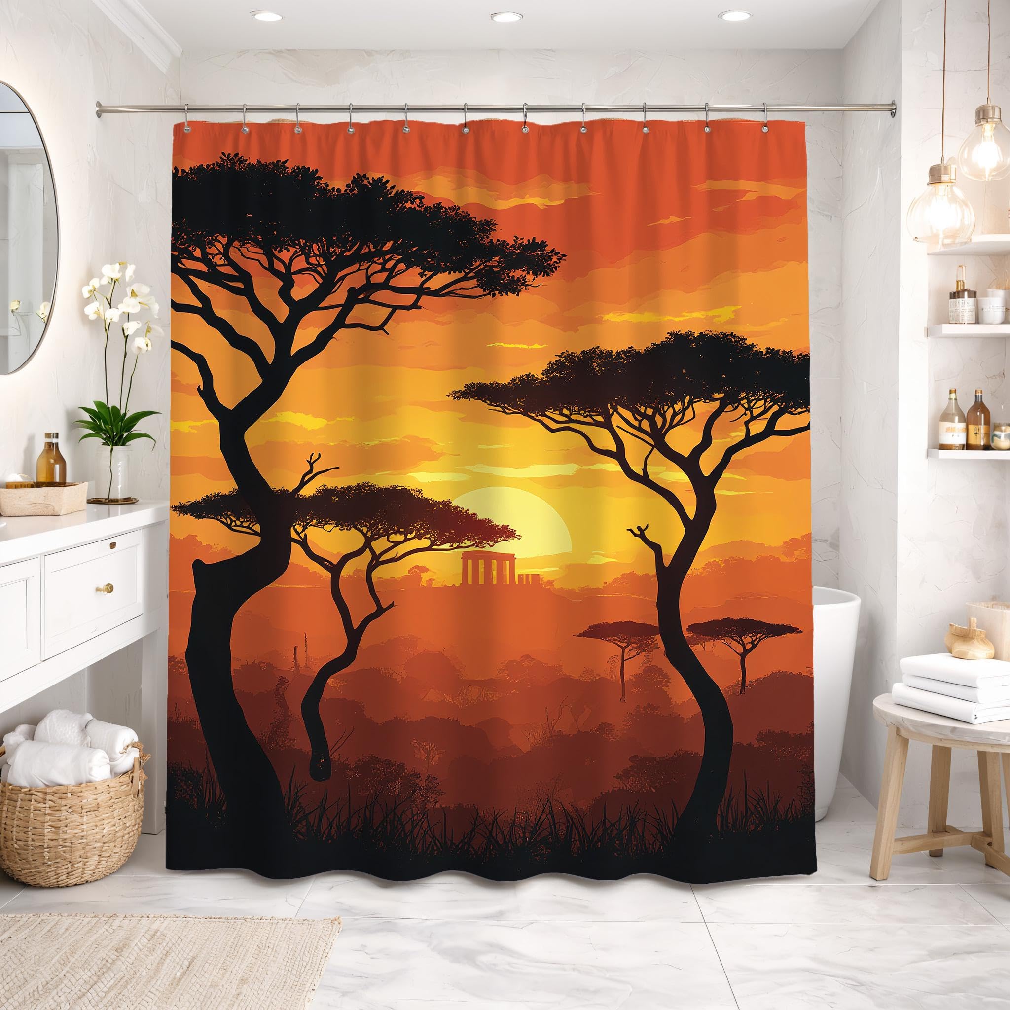 Tenda da doccia con motivo tramonto africano, paesaggio della savana, stampa di acacia arancione, arredamento in stile boho (153x239 cm/60x94 pollici (LxA))