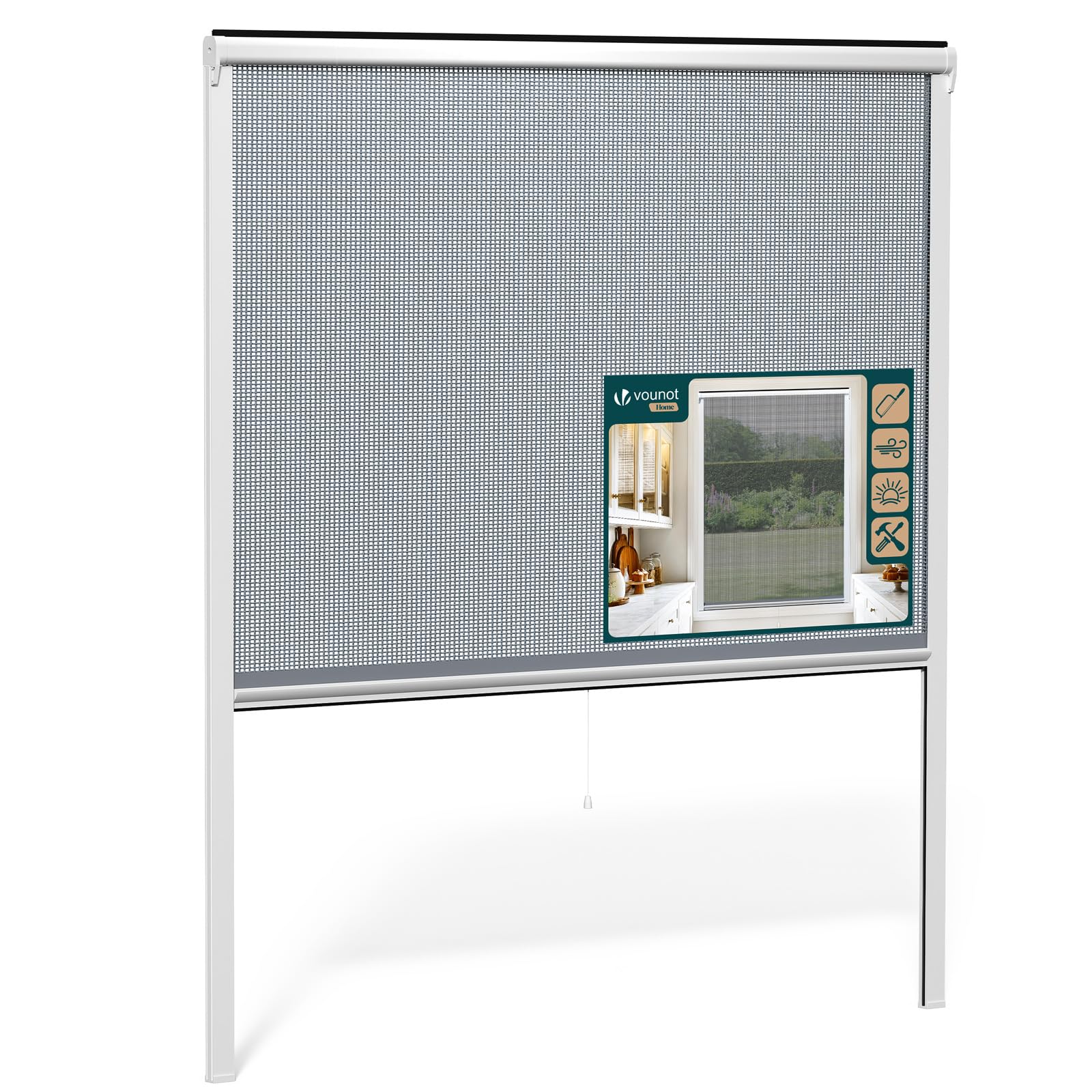 VOUNOT® Mosquitera Enrollable para Ventanas Marco PVC Malla de Fibra de Vidrio Red Antimosquitos Ventana Recortable en Altura y Anchura Fácil Instalación Resistente Transpirable 150x160 cm Blanco