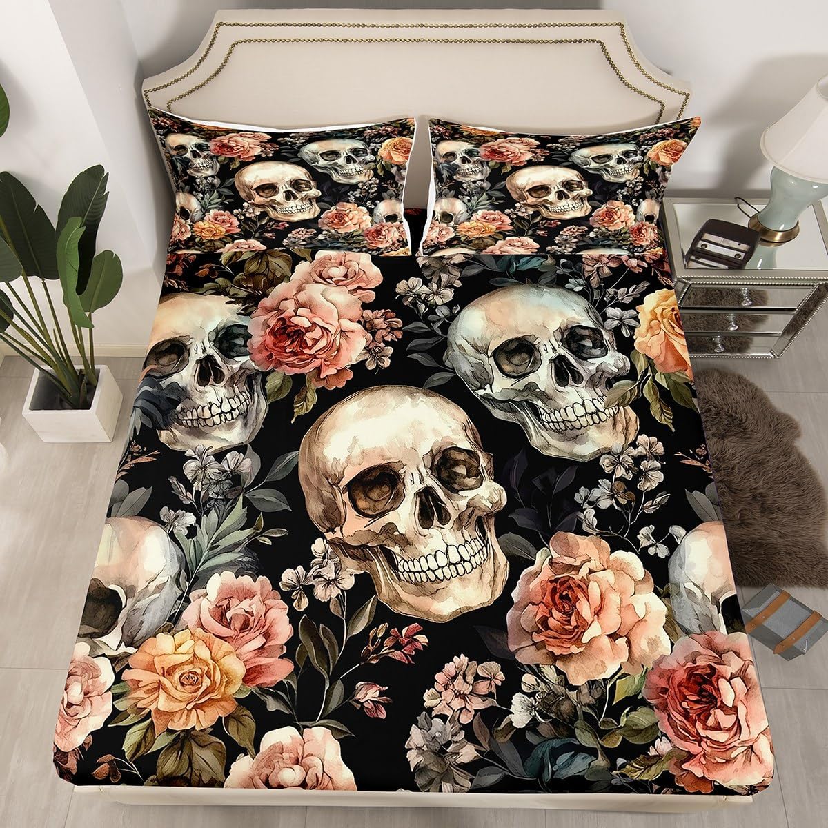 Happy Halloween Kids Fitted Sheet Queen Size,Human Skeleton Rose Flowers Trippy Bedding Set,Girls Boys Room Decor,Skull Leaf Botanical Gothic Black Pink Bed Sheet,2 Pillowcases(No Flat)