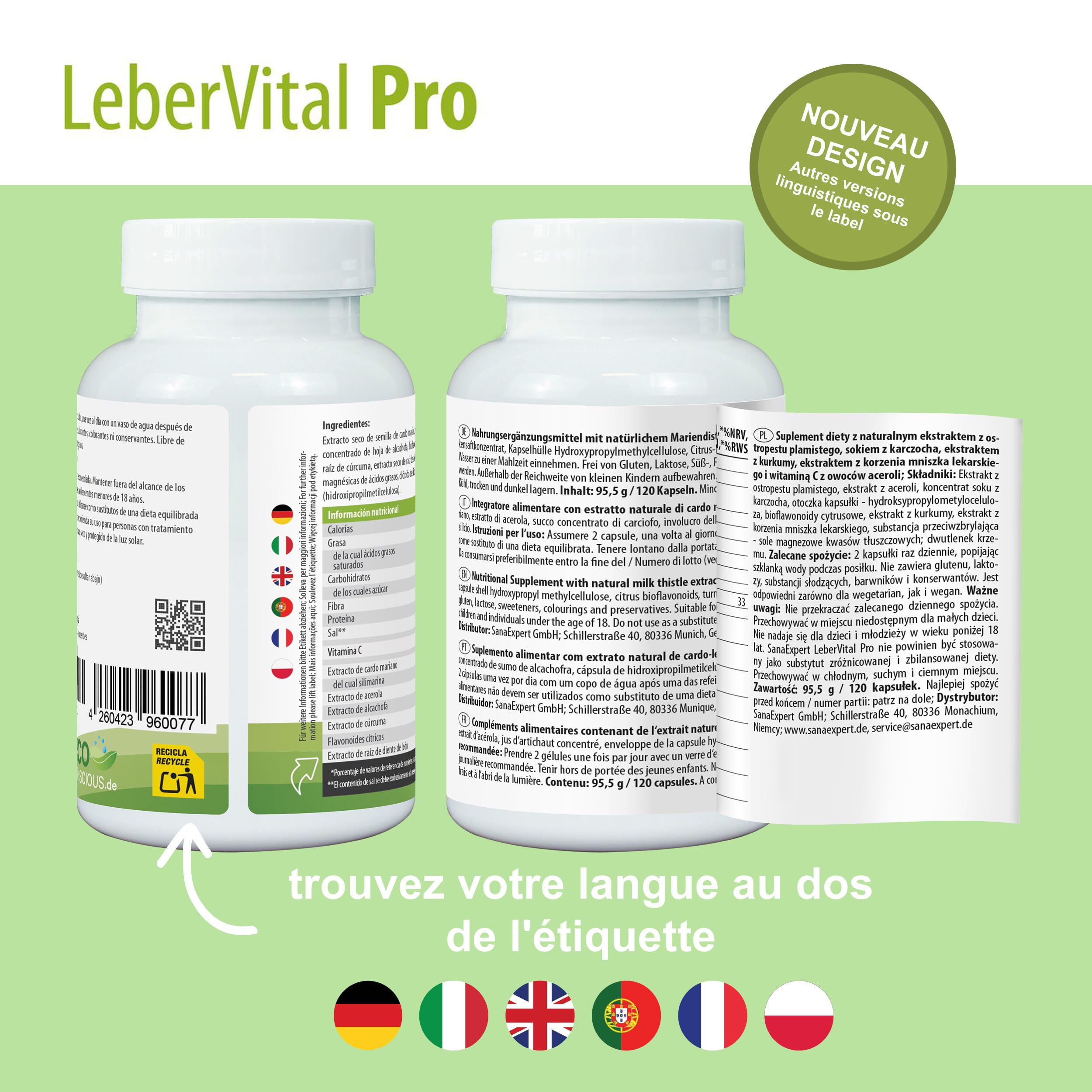 SanaExpert LeberVital Pro | Chardon-Marie titré à 70% de silymarine, Curcuma, Artichaut, Pissenlit & Vitamine C (acérola) | 120 gélules vegan, sans gluten ni lactose | Fabriqué en Allemagne
