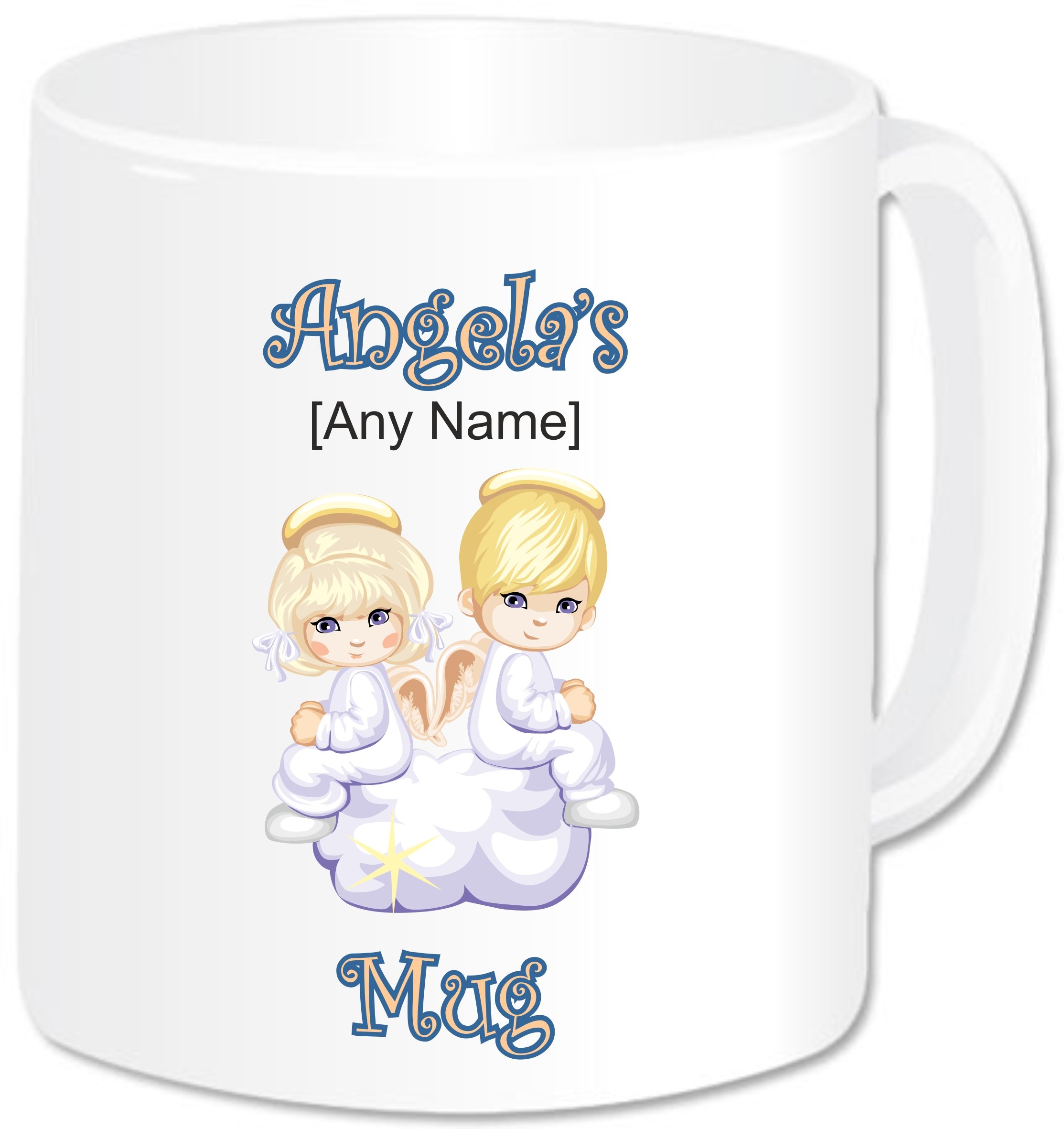 Personalised Gift - Twin Angel Mug (Any Name Any Message). Fairy Tale Lovely Princess Prince Guardian Angel With Wings Heaven Cloud Sky Star Themed Design. A Perfect & Unique Present Idea For Girls (White Handle & Rim)