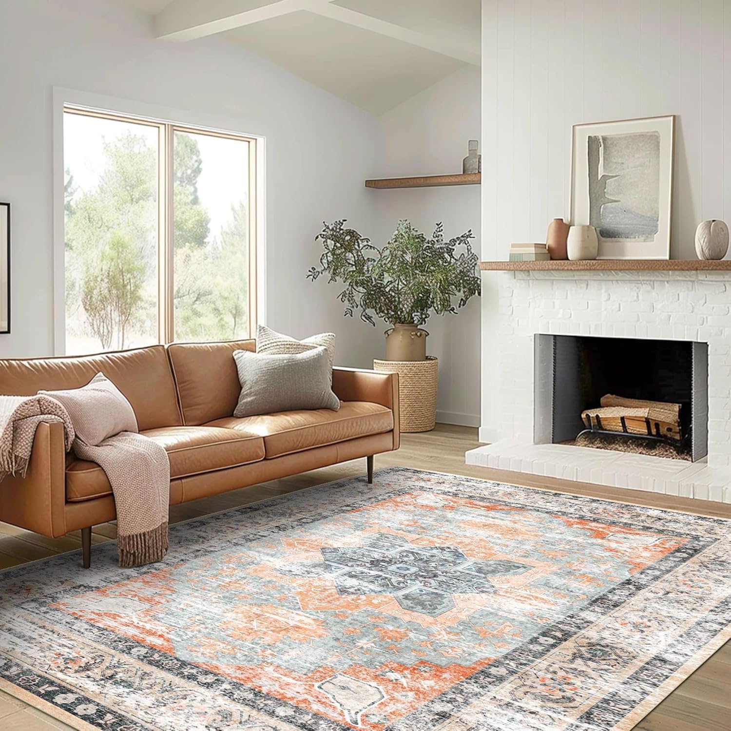 Tapis salon grand 200x290cm vintage orange anti-dérapant