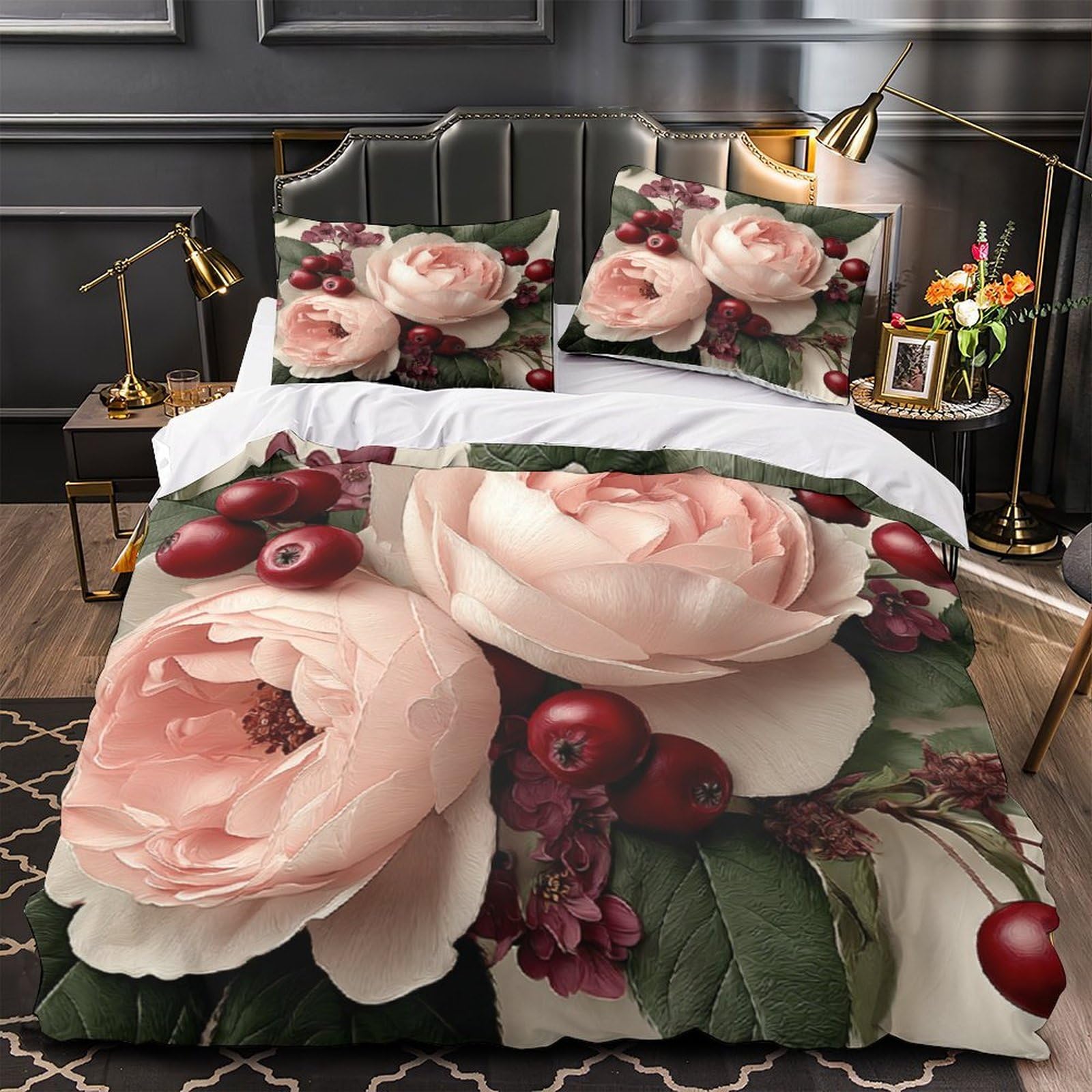 MMDASBVPE Pink Roses Duvet Cover 3D Print All Season 3-Piece Bed Set Hidden Zipper Botanical Garden Quilt Cover Hotel Quality Washable for Adults Teens Women Kids Youth Teenagers King（220x240cm）