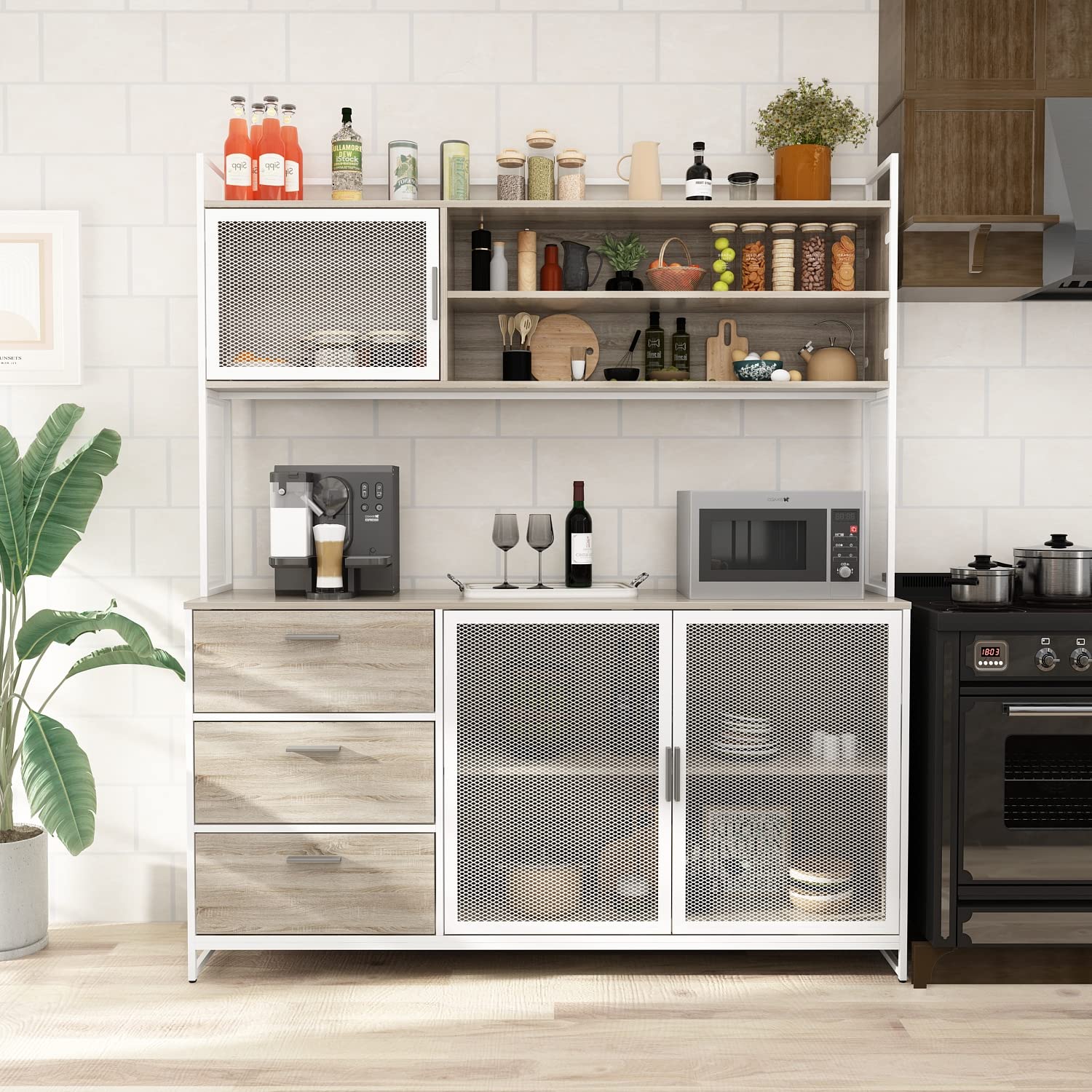 Alacena Cocina, Mueble Aparador Comedor con 3 Puertas y Cajones, Estilo Industrial Sencillo, 174 x 150 x 40 CM, MDF, Color Roble