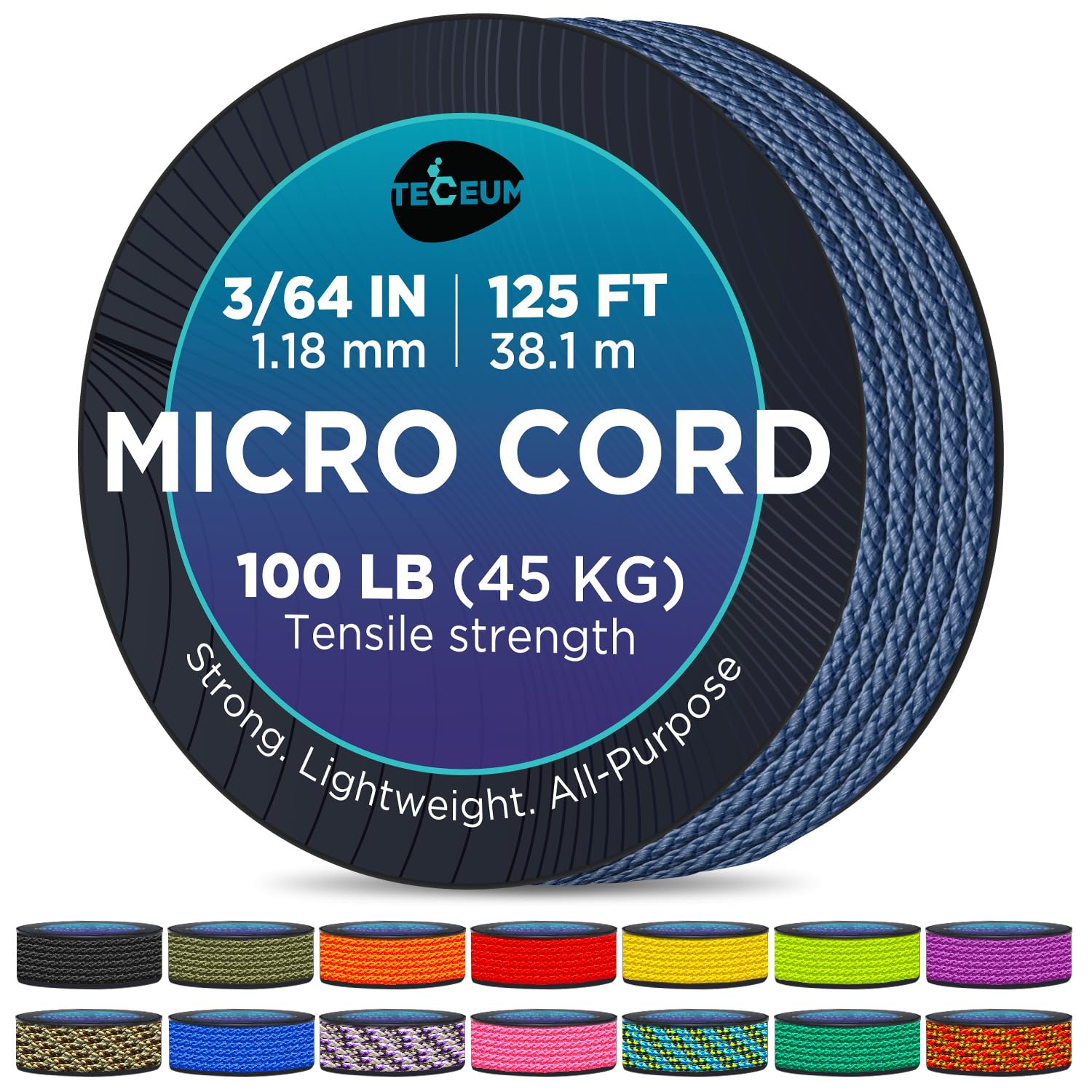 MICRO PARACORD: 1.18 mm thick. Color: Blue Oil. Length - 38.1 m. Tensile Strength: 45.35 kg (100 LB). Thin, lightweight and strong. Comes on a compact & convenient spool (77.98 mm x 77.98 mm). — image 1