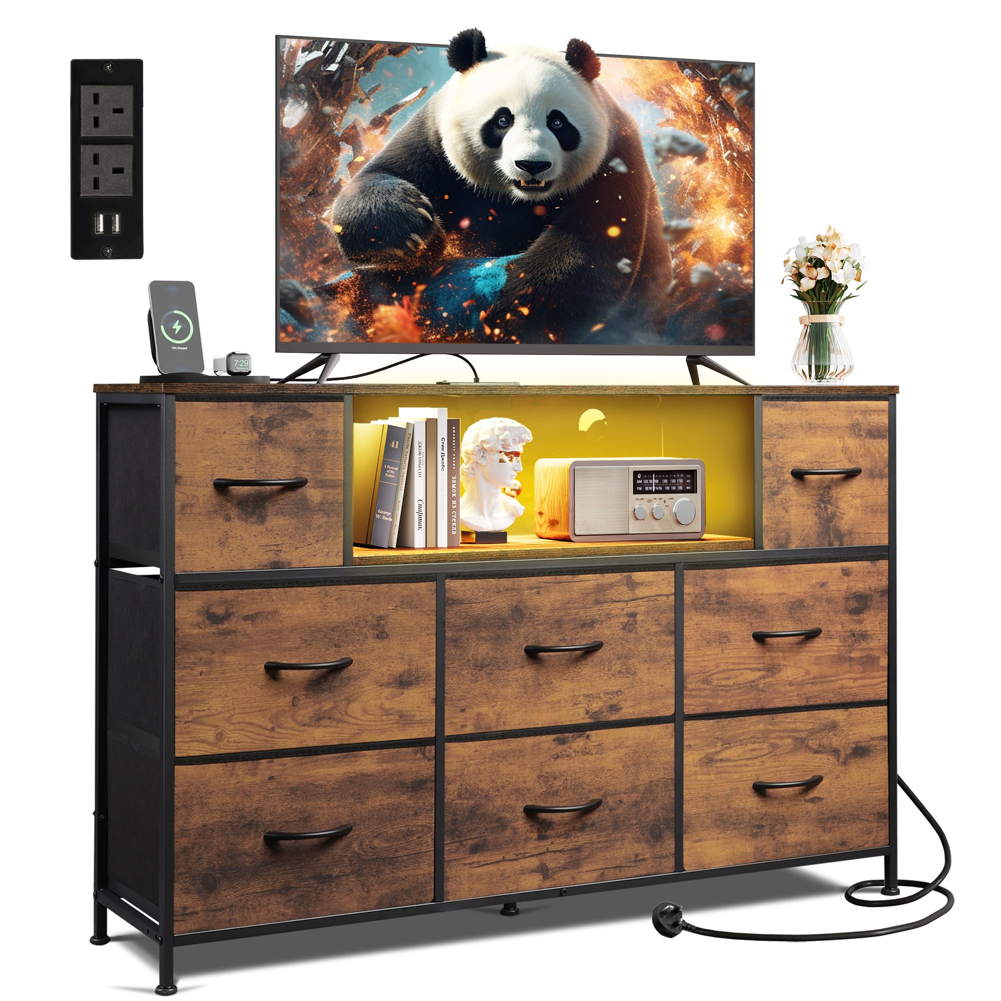 WLIVE Chest of Drawers, 8 Fabric Drawers Cabinet with Easy Pull Handle, Wood Top and Sturdy Steel Frame for Bedroom, Living Room (Rustic Brown)