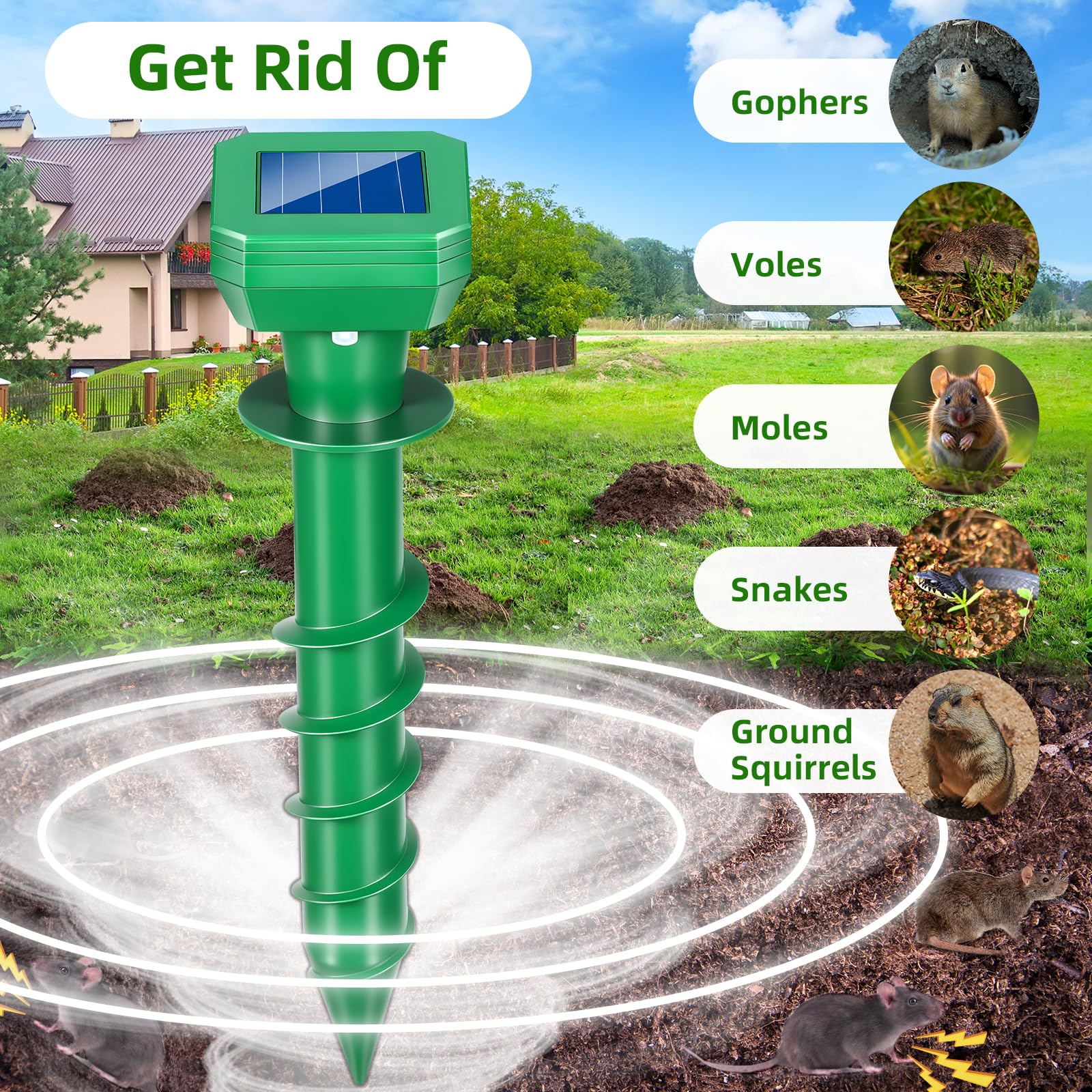 4 Pack Maulwurfschreck Solarbetriebene Schraube Ultraschall Gopher Abschreckung Pfahl für Rasen im Freien, Ultraschall Wühlmausschreck Outdoor für Streifenhörnchen, Murmeltiere, Nagerabwehr für Hof