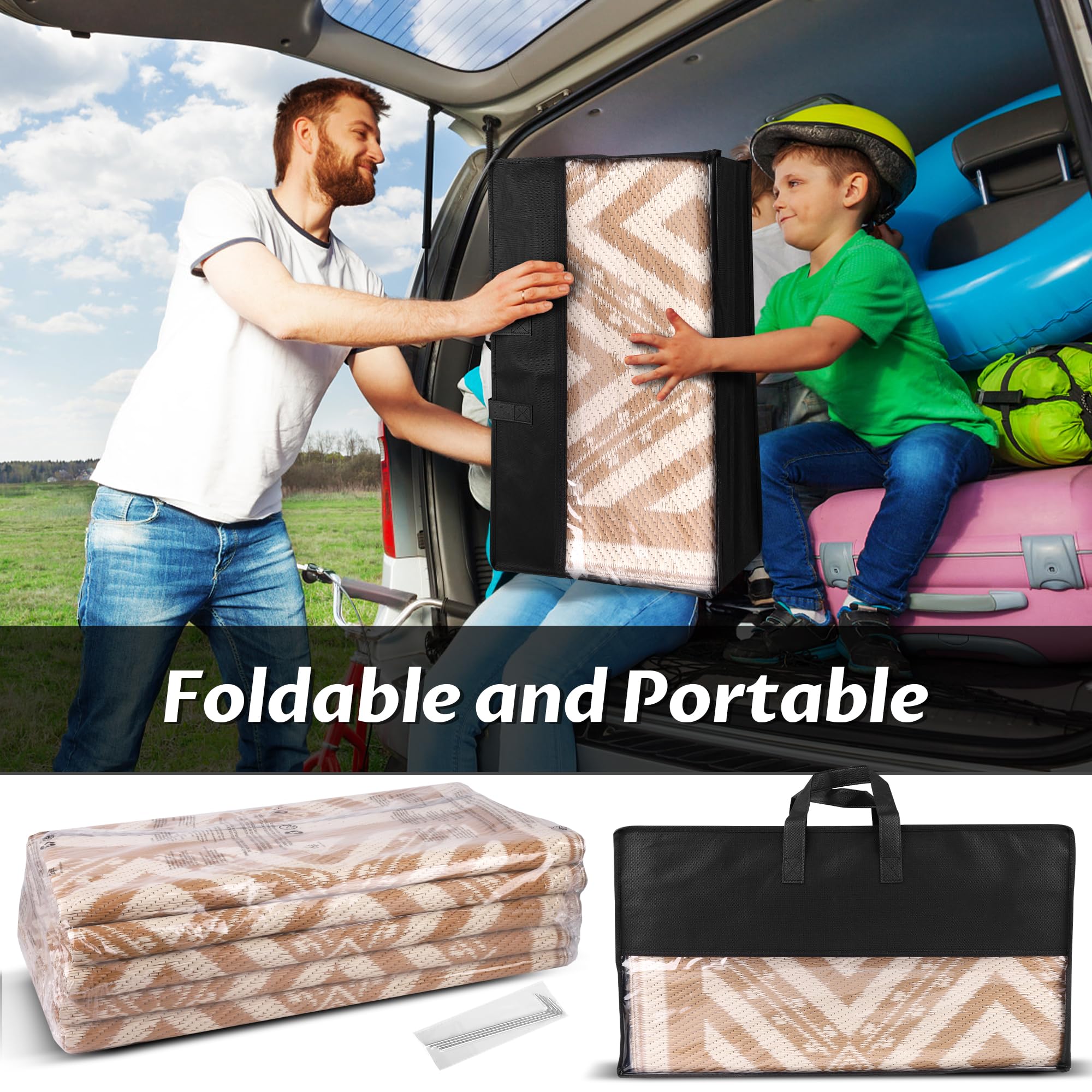 Tapis d'extérieur réversible avec lumières - 2,4 x 3 m - Tapis d'extérieur en paille en plastique imperméable, facile à nettoyer, ne perd pas ses poils, pliable et portable - Tapis réversible pour