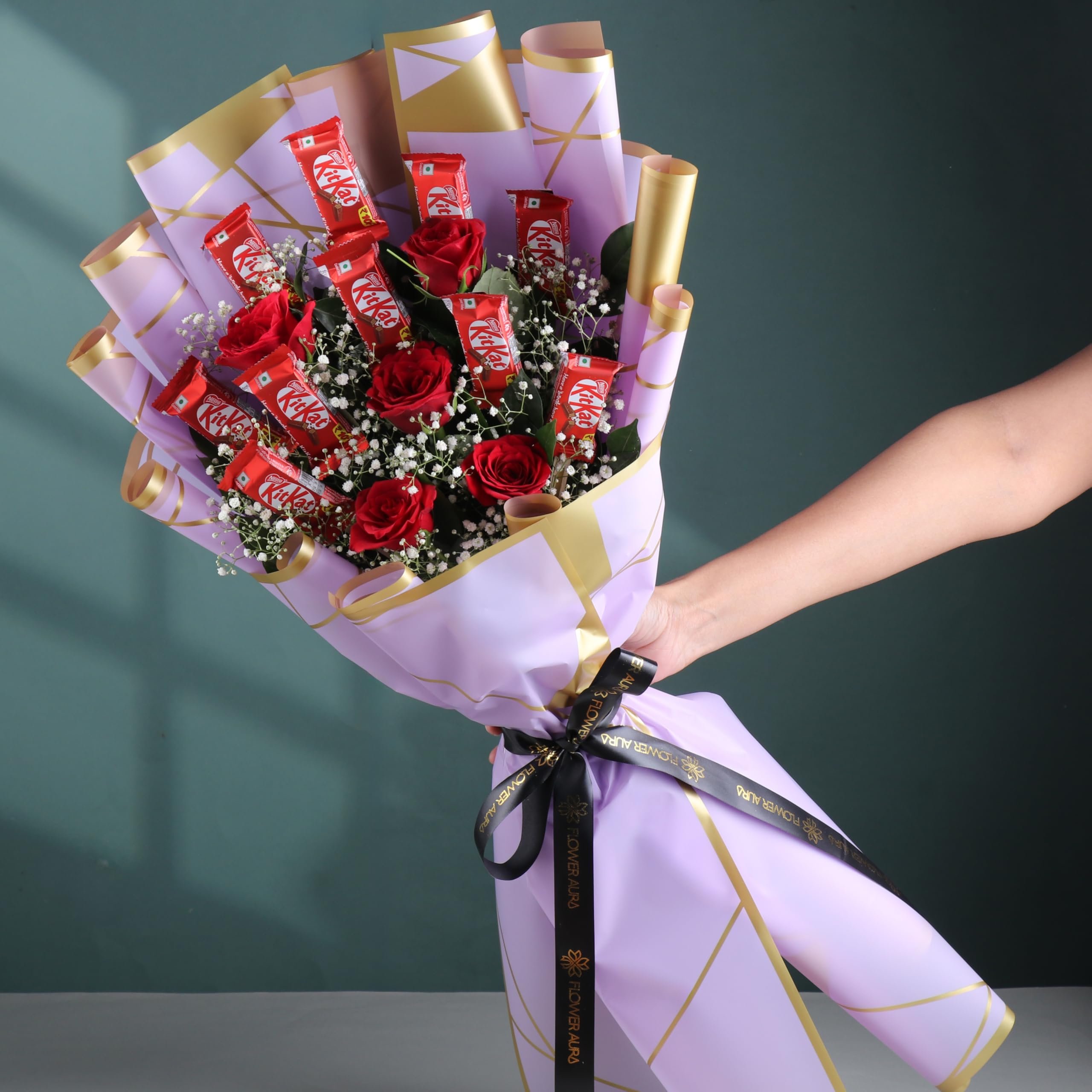 FlowerAura Premium Combo of Fresh Live 5 Red Roses & 10 Chocolates In Designer Paper Gift For Birthday | Anniversary | Wedding | New Year | Rose Day | Valentine's Day (Same Day Delivery)
