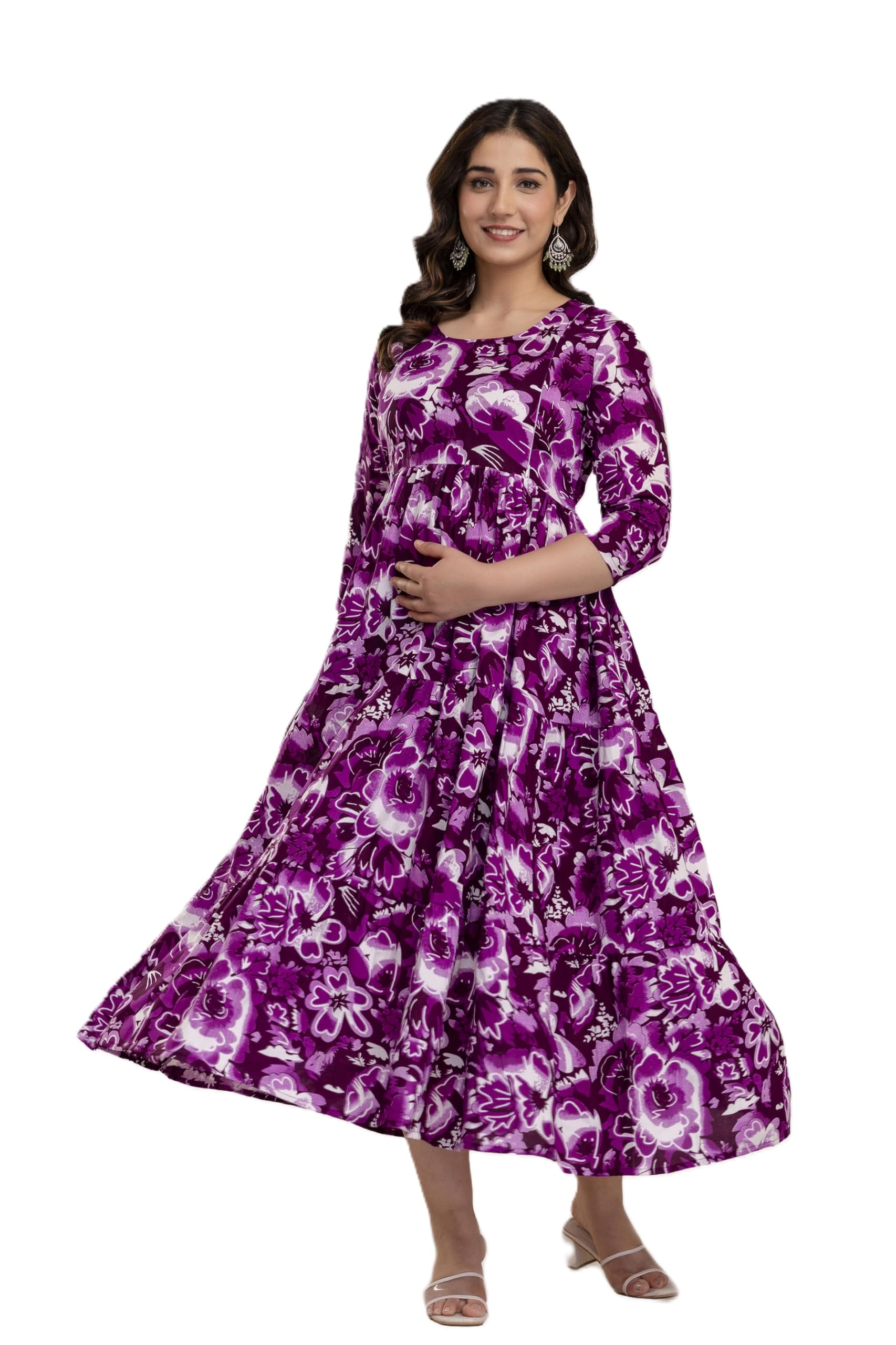 Biffy Women's Rayon Floral Printed 3/4 Regular Sleeve Anarkali Maternity Dress-picture-12