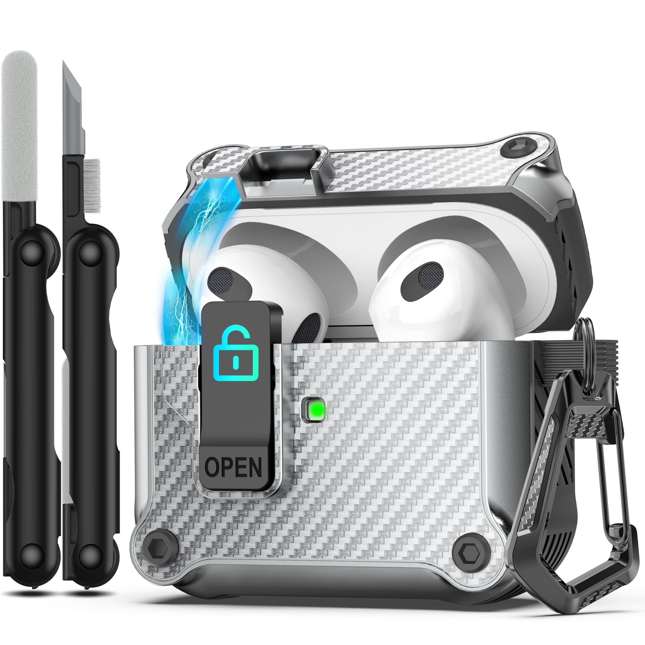 RFUNGUANGO for Airpods 3rd Generation Case with Secure Lock Clip, Full Body Shockproof Hard Shell Protective, AirPods 3 Case for with Apple AirPod 3rd Gen 2021 [Front LED Visible] -Carbon Fiber Silver