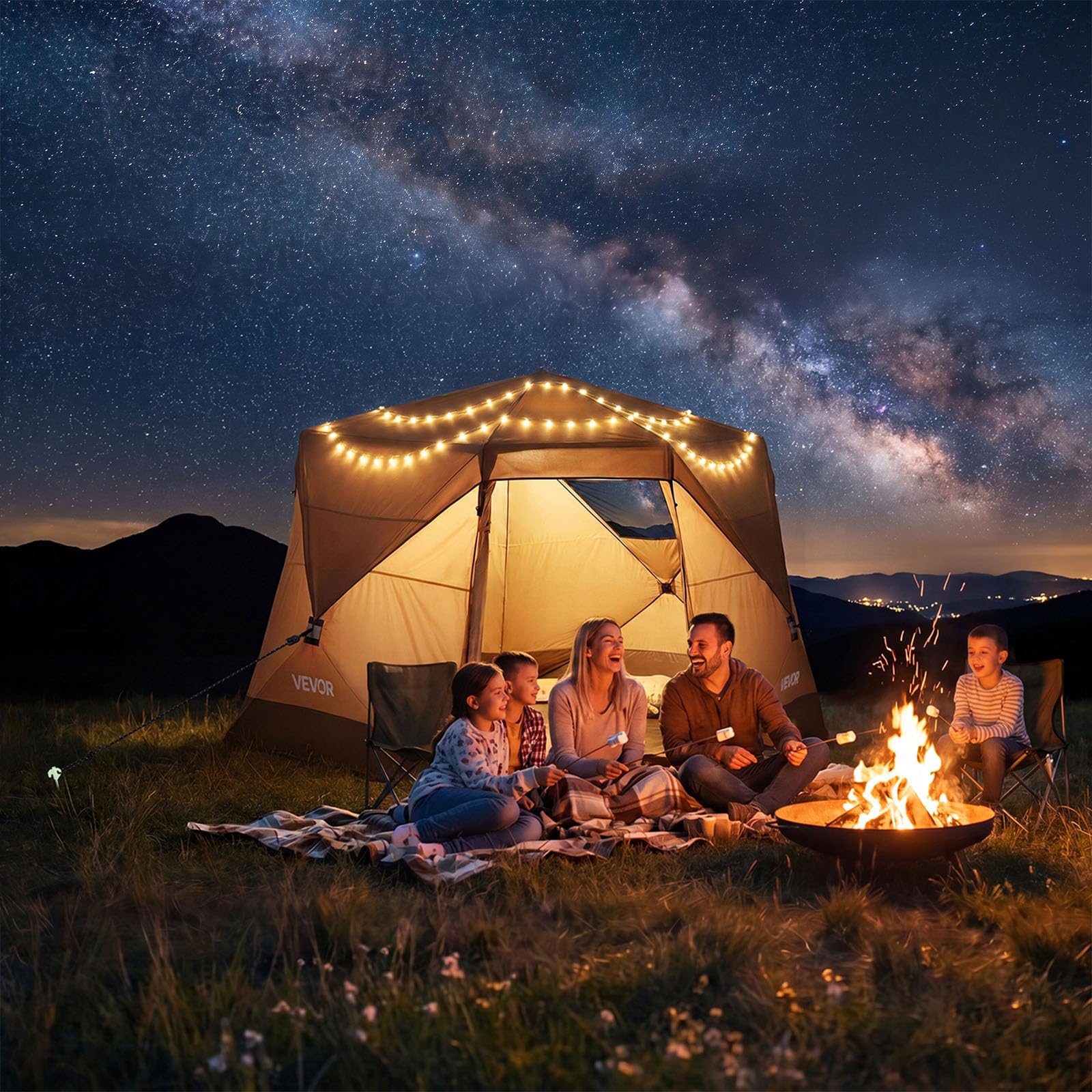 VEVOR Campingzelt 6 Personen, Pop-Up-Zelt mit Regenschutz & Netzfenstern, Schnellaufbau in 60 Sekunden, Tragbares Zelt mit Tragetasche für Familien-Camping & Wanderungen, 330x213x204 cm
