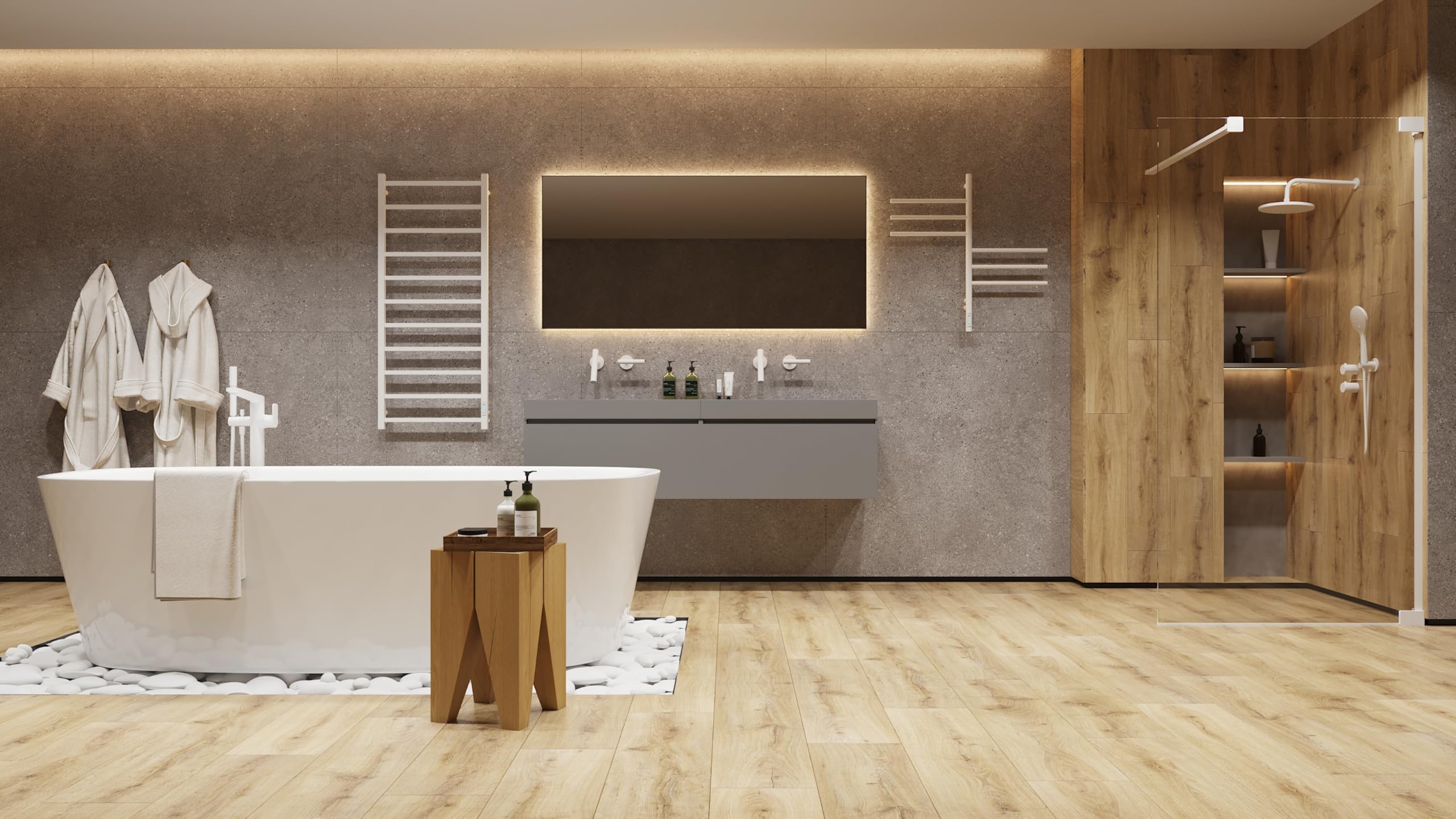 Grzejnik łazienkowy biały 78W 79x40 cm – Elektryczny podgrzewacz do ręczników z 6 ramionami – Timer i Termostat – IP44 – Stylowy design – Stal węglowa
