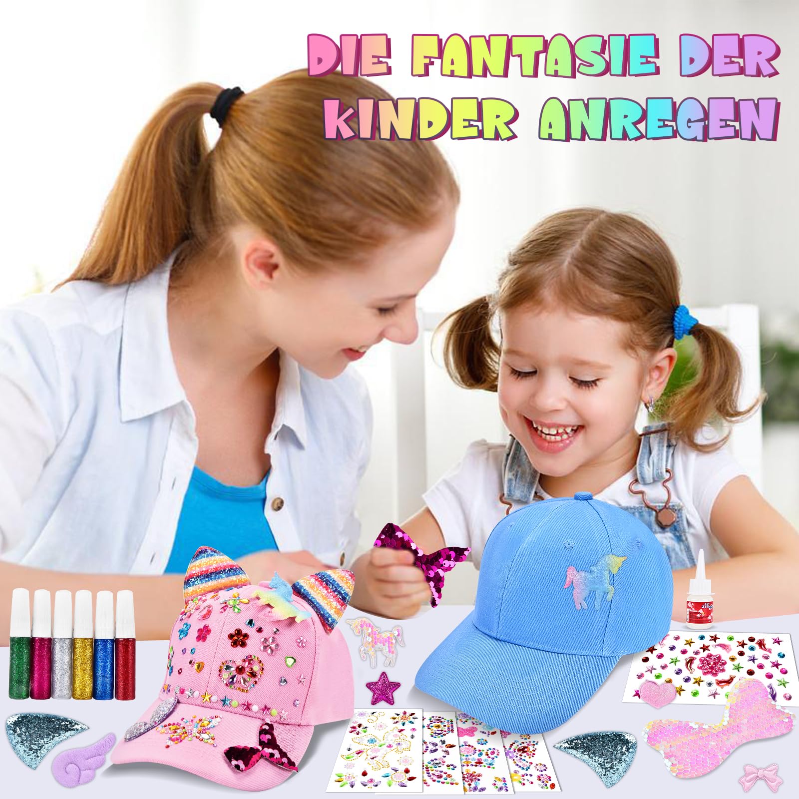 Aragallant Geschenke für Mädchen Baseballkappe Bastelset, 4 PCS DIY Baseballkappe mit Einhorn Armbänder Edelstein Aufklebern Flügel, Schulanfang Geburtstag Geschenk Mädchen 4 5 6 7 8 9 10 Jahre
