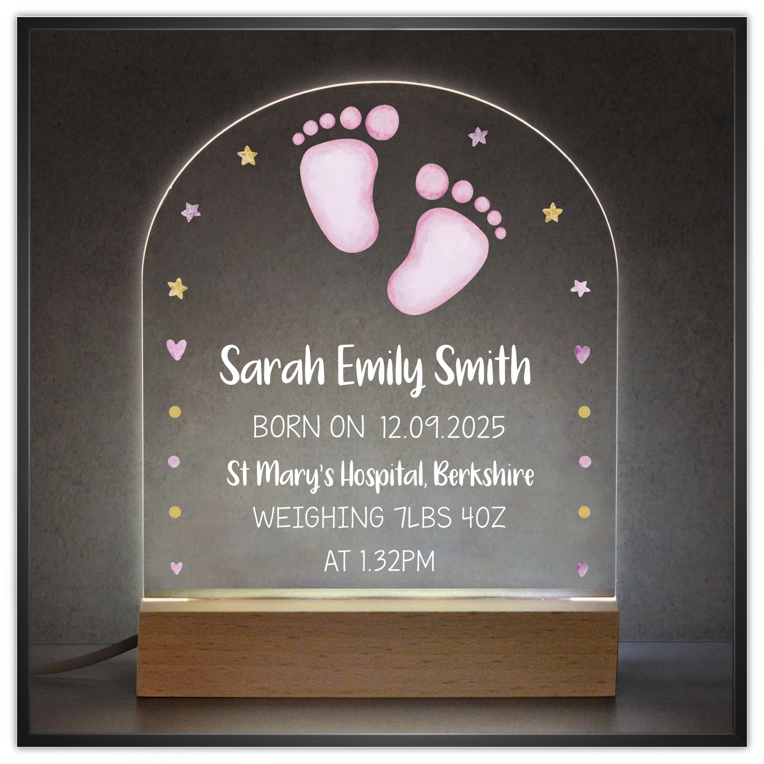 Beecreative New Baby Girl Gifts Personalised Night Light, Custom Baby Girl Nursery Night Light, Baby Birth Details Keepsake For Newborn Girl