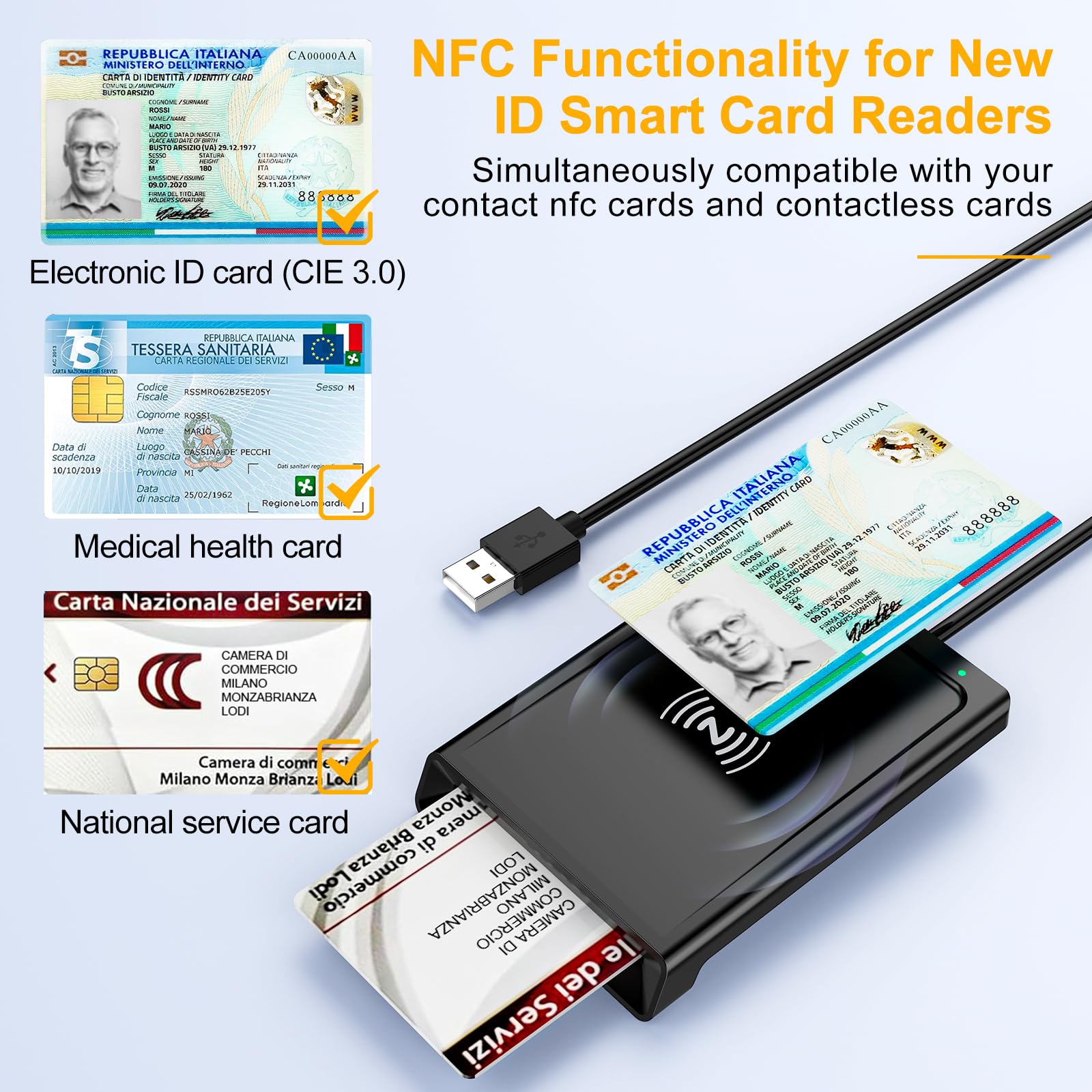 Lettore CIE 3.0 Carta d'identità Elettronica e Tessera Sanitaria Italiana,USB Lettore Smart Card Firma Digitale Lettore Smart contatto e contactless CIE/CRS/CNS,Lettore NFC per PC Windows 10 11 Linux - 4