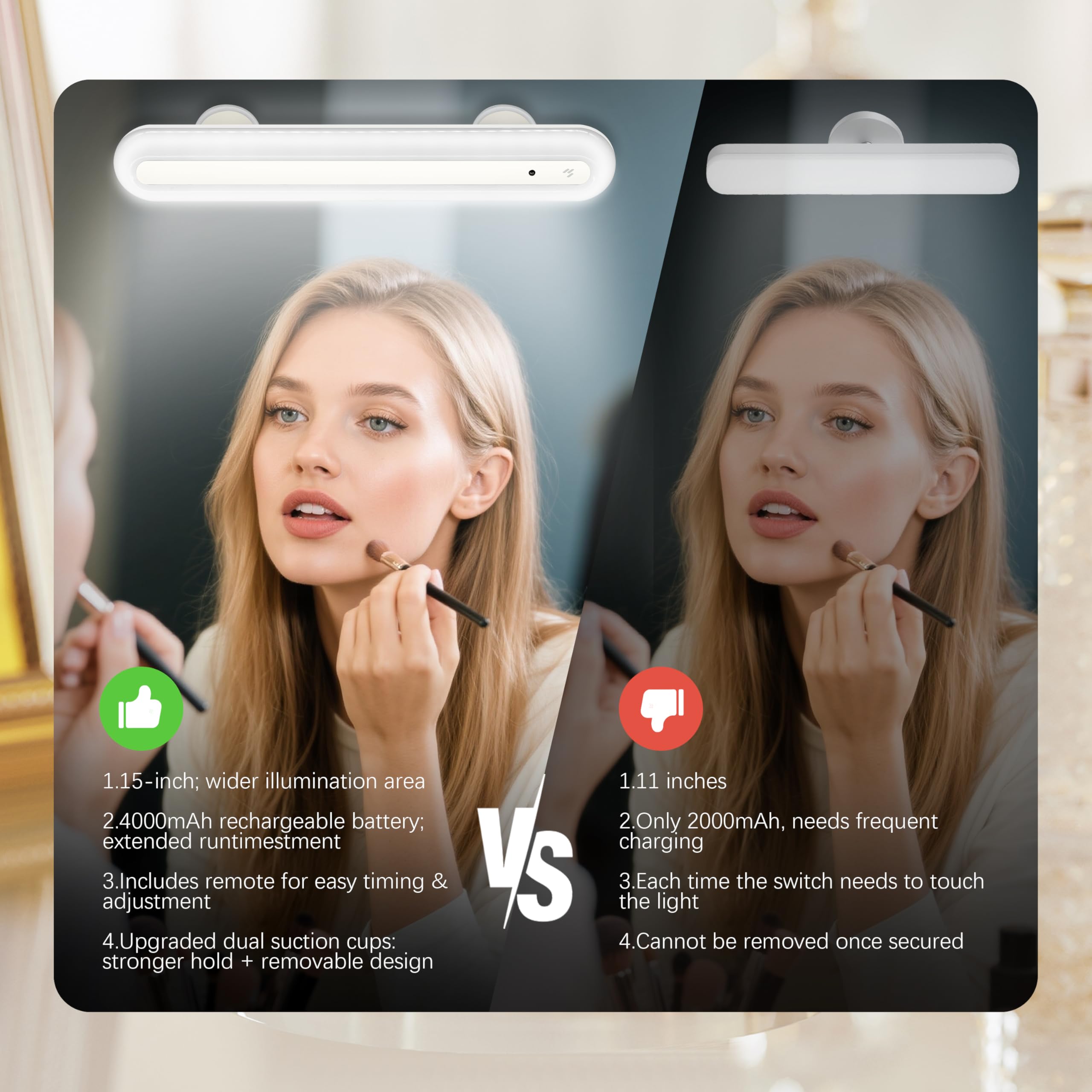 LED Schminktisch Dimmbar, 4000mAh Wiederaufladbar LED Spiegelleuchte Bad mit Fernbedienung, Kabellos Mirror Licht, Abnehmbare Magnet 360°Drehung Spiegellampe, Make-up Lampe, Weiss-2 Stück