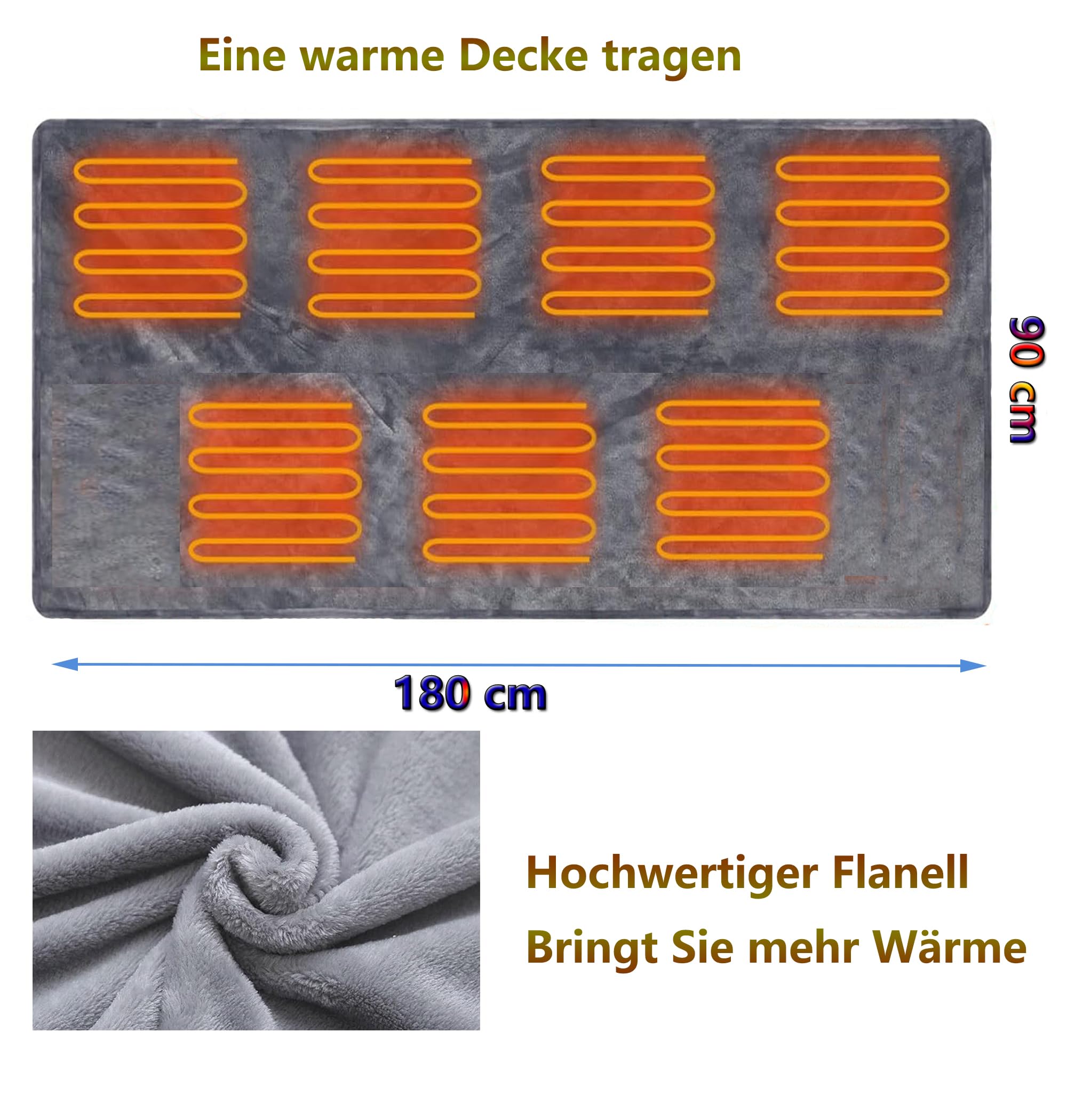 Kabellos Heizdecke mit Akku 180x80cm, Elektrische Wärmedecke mit Akku und 3 Heizstufen, Flanell Heizdecke Waschbar Doppelseitig, Beheizte Wärmekissen für Sofa, Büro, Outdoor Camping, Autodecke