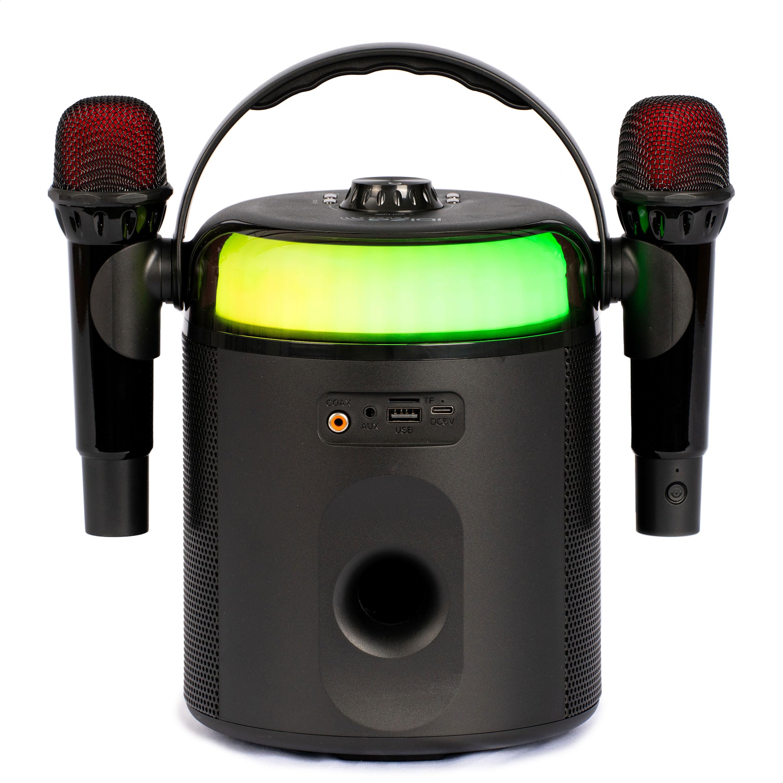 Ibiza - KARAHOME-BK - Batteriebetriebenes leichtes Karaoke-Lautsprechersystem mit Zwei drahtlosen Mikrofonen (batteriebetrieben) - Bluetooth, USB, MicroSD, USB, AUX und Coax - Schwarz