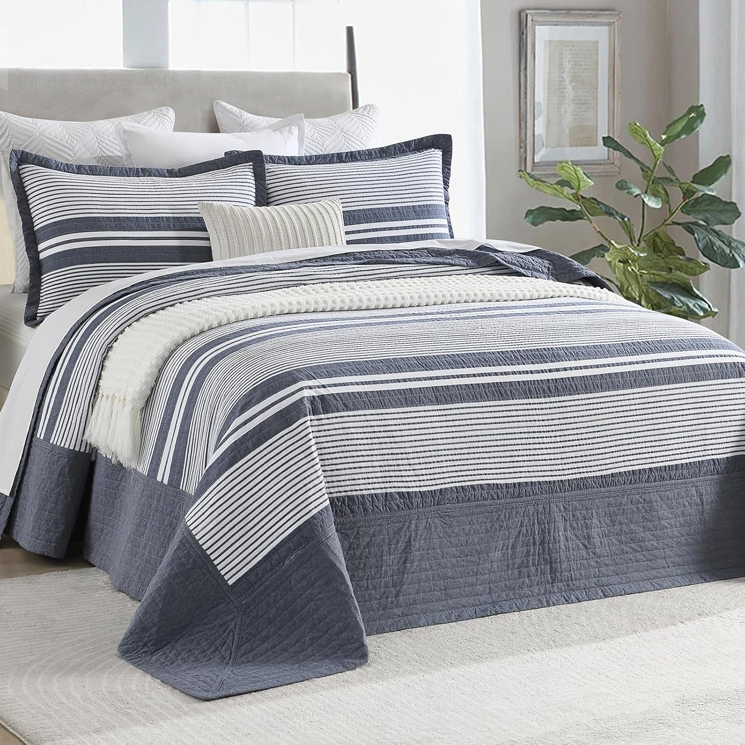 DDUOXIN Modern King Bedspread 120" W x120 L - 100% Cotton Waffle Texture Oversized Quilt with 2 Pillow Shams, Stripe Reversible 3 Piece Bedding Set, Folkstone/White