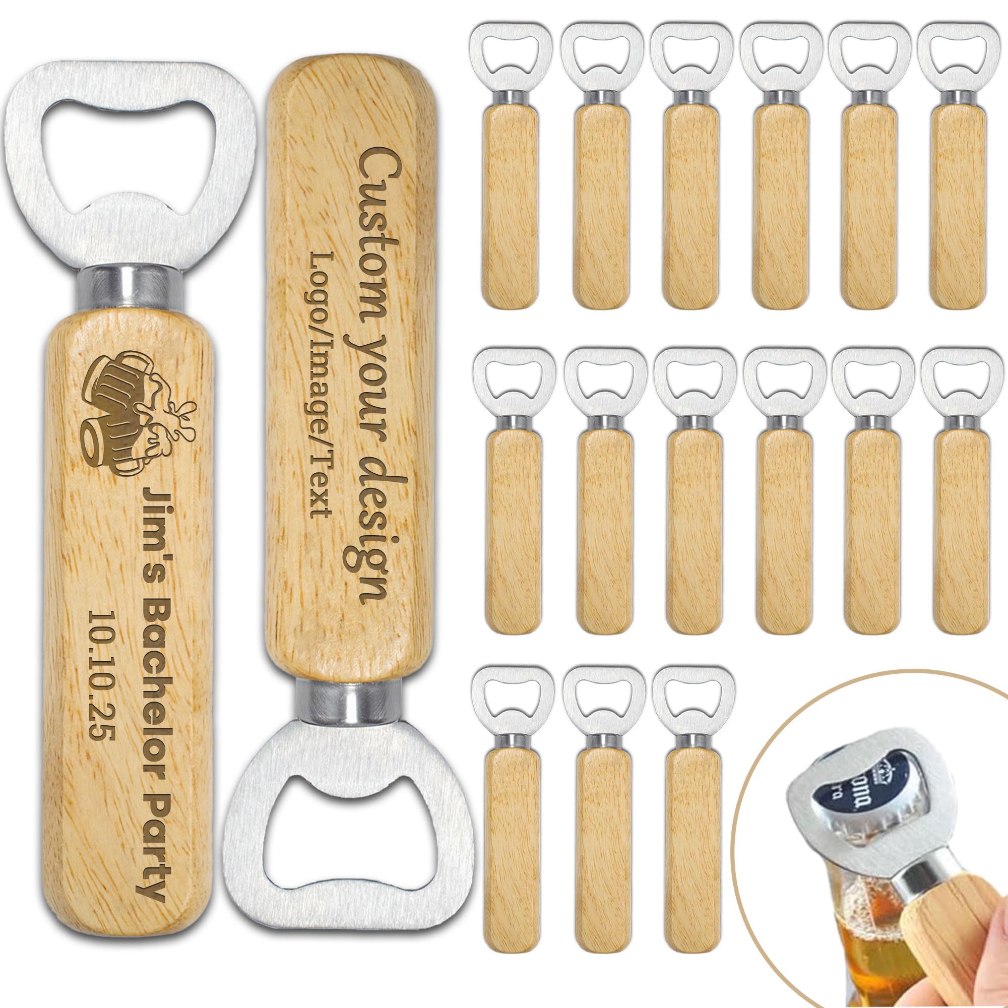 15-100PCS Custom Bottle Openers with Wooden Handle, Laser Engraved with Logo/Text/Photo, Personalized Beer Bottle Opener Bulk for Wedding, Bars,