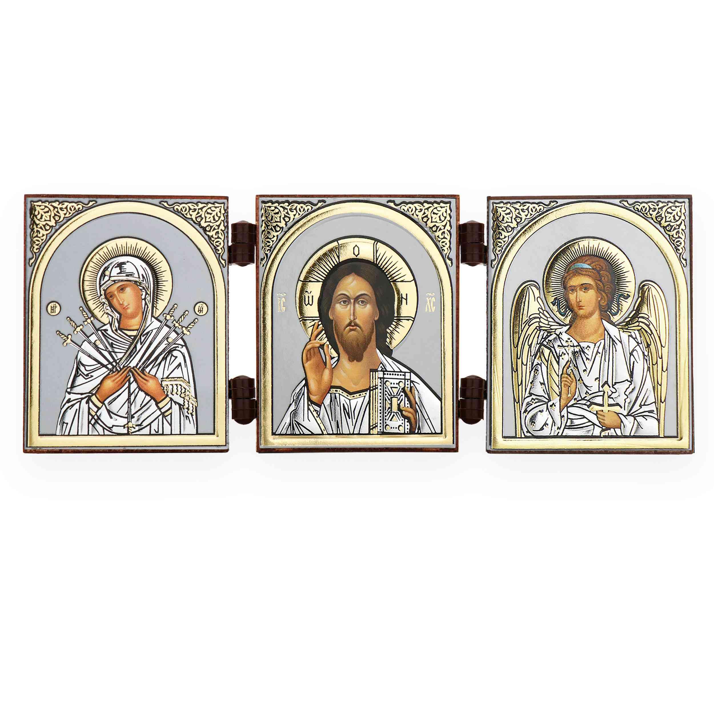 Nklaus Gm Of The Seven Arrows, Jesus & Guardian Angel - Mother Of God Of The Seven Arrows & Jesus Christ & Guardian Angel - House Altar Triptych Iconography 16496