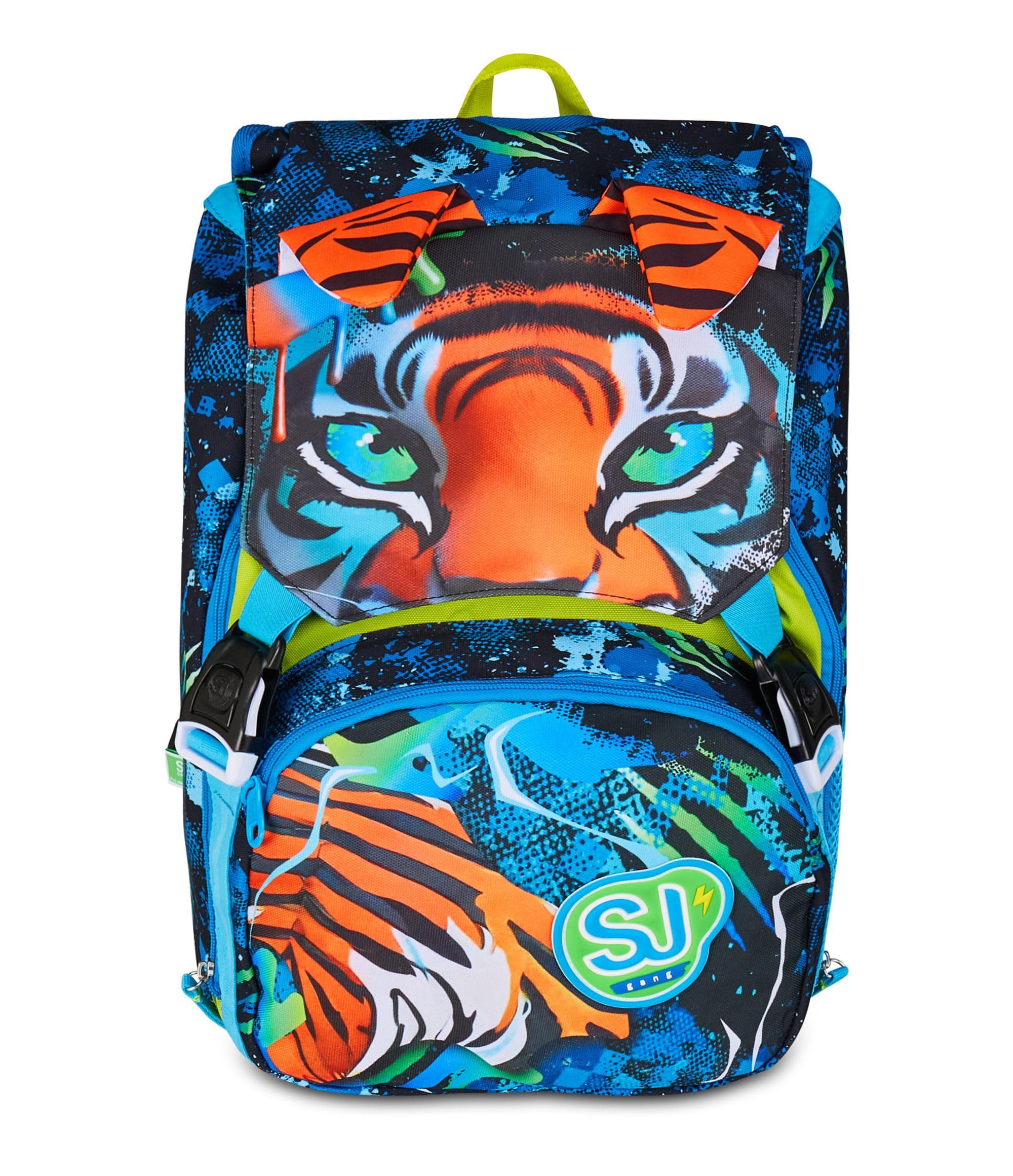 SJ GANG STYLE JAM GANG Zaino Scuola Estensibile Big, Blu, Zaino con Divisorio Interno, Tasca Superiore con Orecchie in Peluche, Tasca per Borraccia, 24 L, Zaino Scuola Elementare, Bambino