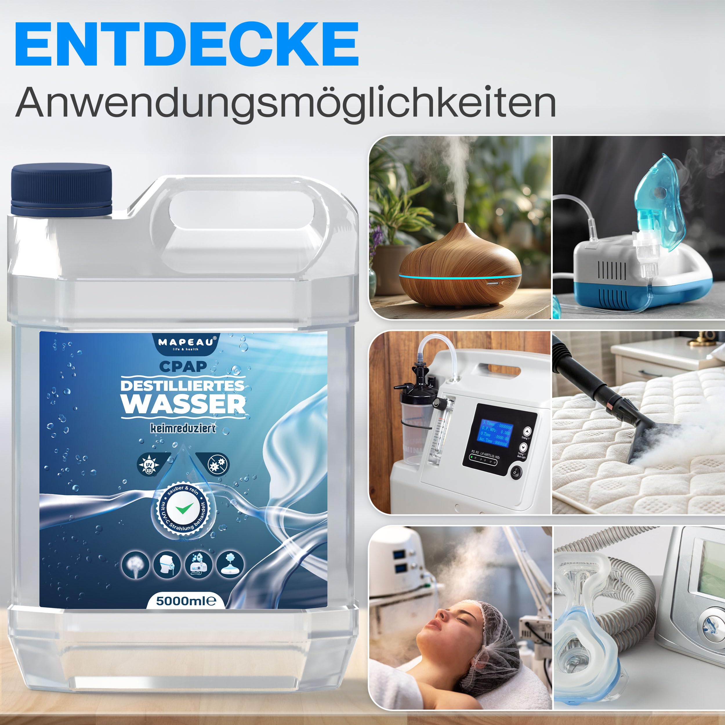 Mapeau 5L Keimreduziertes Wasser für Luftbefeuchter I Sauerstoff-Geräte, Inhalator, destilliertes Wasser für medizinische Zwecke CPAP, 5 Liter Kanister