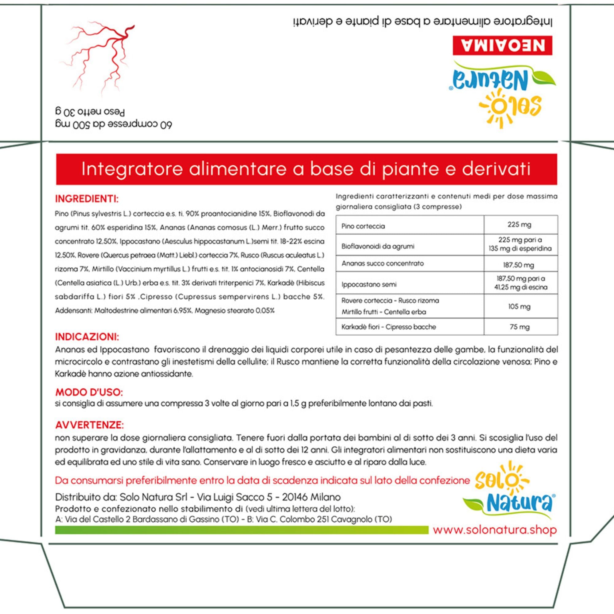 Solo Natura NEOAIMA – Integratore per Circolazione Gambe con MIrtillo Nero, Diosmina, Esperidina e Troxerutina, Supporto Microcircolo e Drenante contro Gambe Gonfie e Pesanti, 60 Compresse da 500 mg