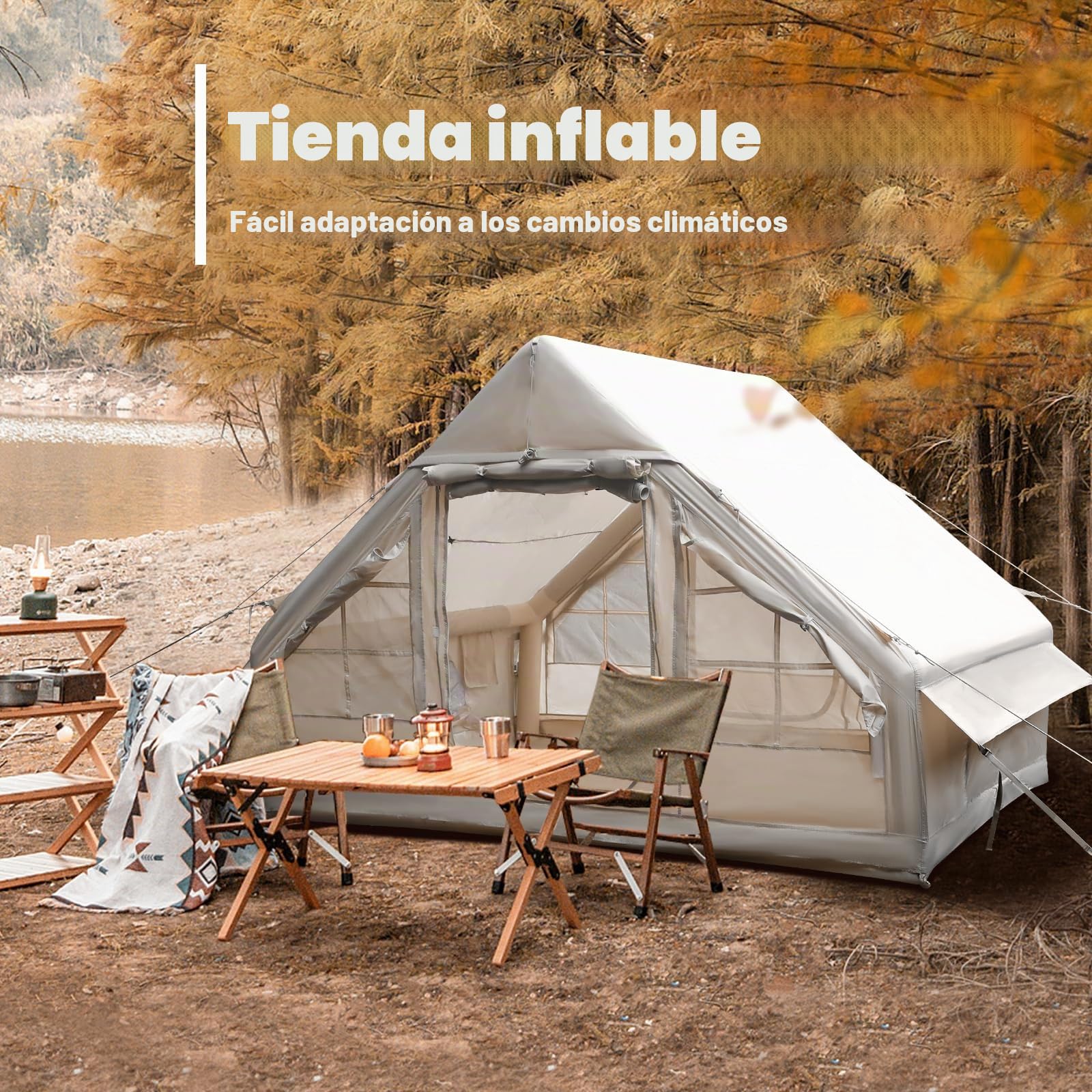 Tienda de campaña inflable con apertura de chimenea y claraboya, tienda de campaña para exteriores para 2-8 personas con bomba de aire, tela Oxford impermeable para 4 estaciones