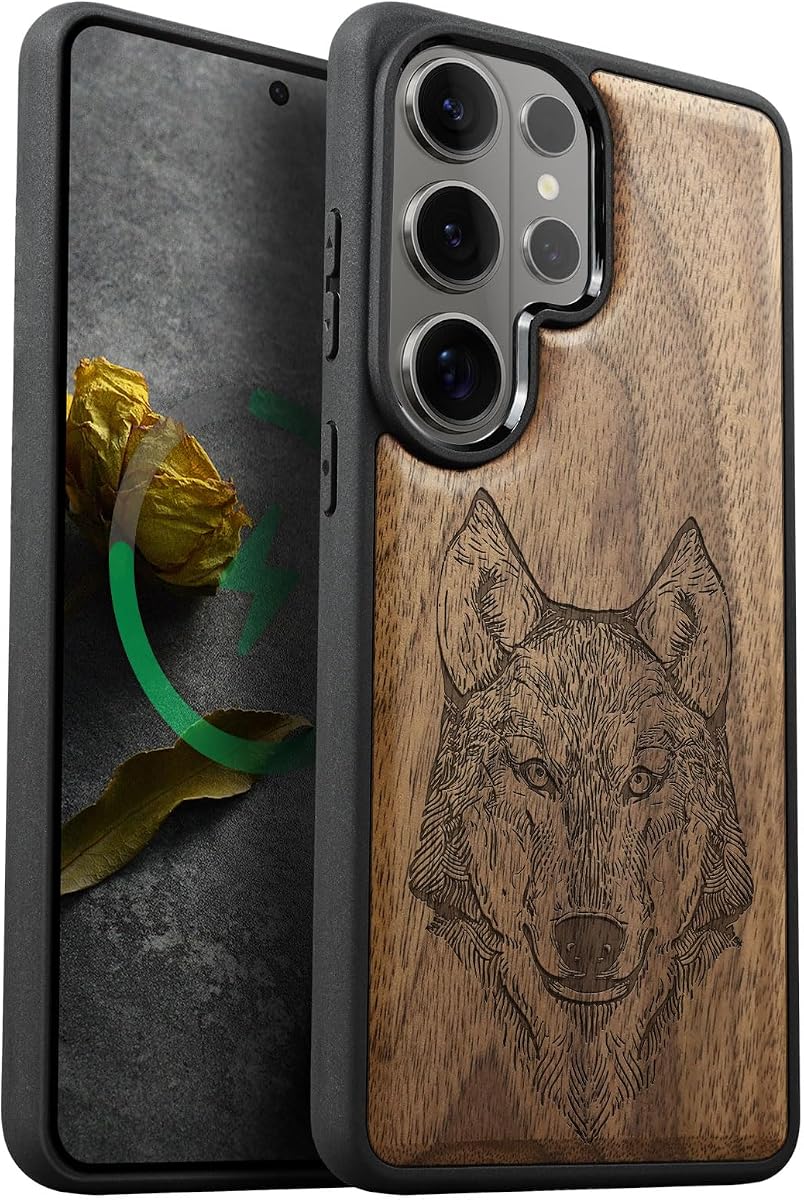Carveit Wood Case para Galaxy S26 Ultra, Realistic Wolf Linework, Nogal | Funda magnética para Samsung Galaxy S26 Ultra compatible con cargadores inalámbricos MagSafe, madera grabada y TPU suave a prueba de golpes