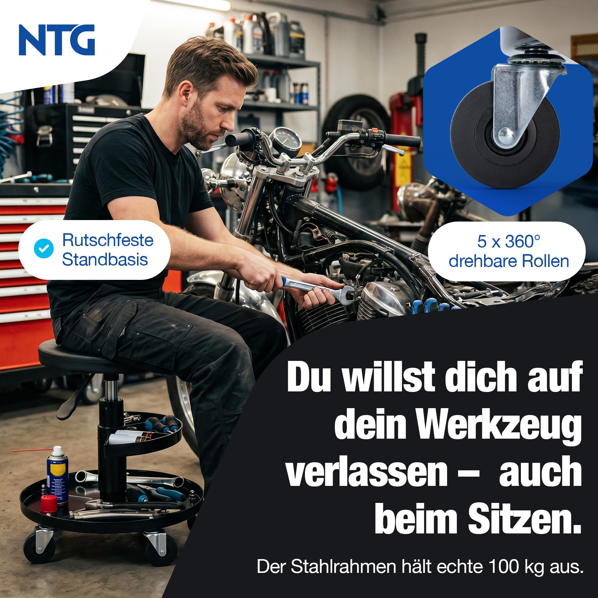 NTG Rollhocker Höhenverstellbar bis 55 cm – Werkstatthocker bis 100 kg mit 5 Rollen & Ablageschale – Drehhocker Werkstatt – Montagehocker mit PU Sitzpolster – Werkstattsitz für Garage KFZ Werkstatt