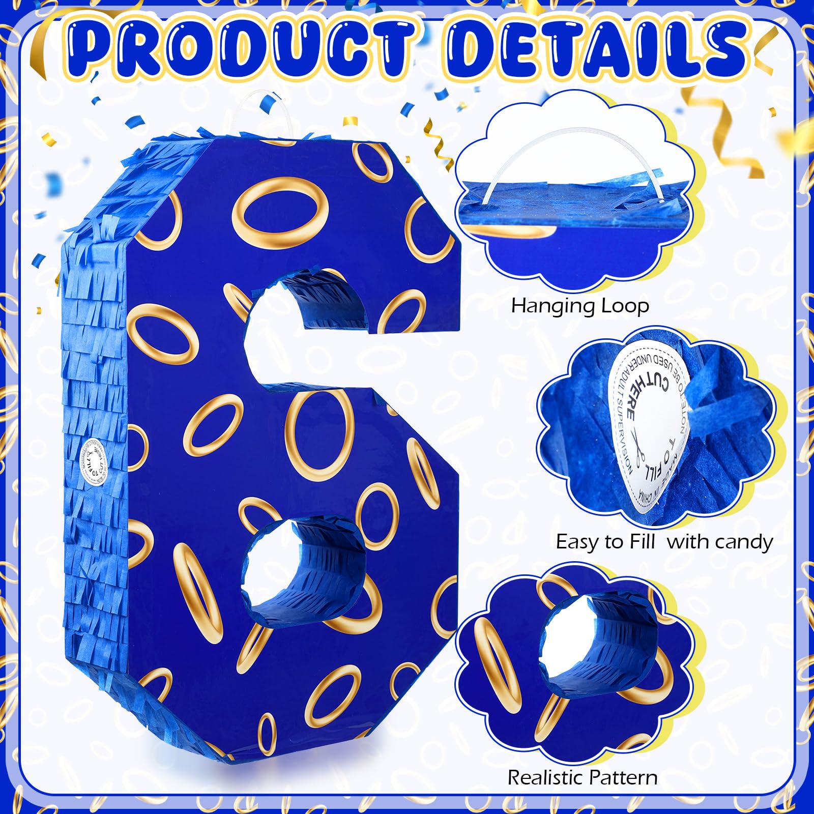 Simgoing Piñata en forme de chiffre 6 avec anneaux bleus et dorés pour anniversaire d'enfants, petite piñata avec bandeau pour les yeux et confettis pour décoration de fête Fiesta Cinco de Mayo, 40 x