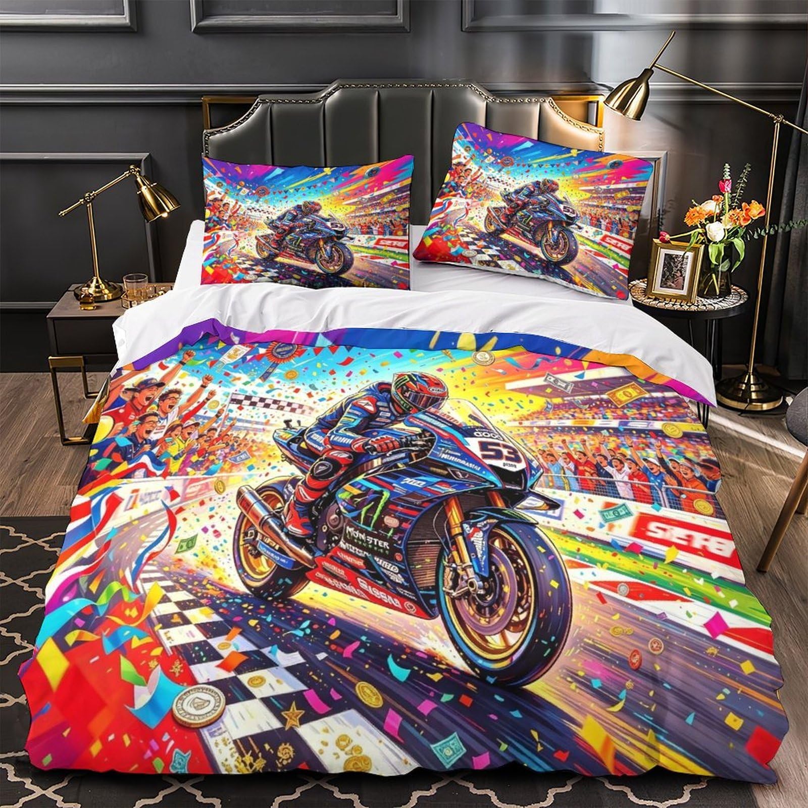 DAFUfbw 3D Pattern Championship Moment Comforter Cover, Soft Motorcycle Race Duvet Cover Single（140x200cm） with Pillowcase, Cozy Bed-Sets, Luxe Championship Moment Bedding Set for Teens Adults