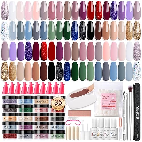 AZUREBEAUTY - Juego de 170 piezas de polvo de inmersión para uñas, 36 colores, polvo de inmersión marrón con purpurina y capa superior, activador y