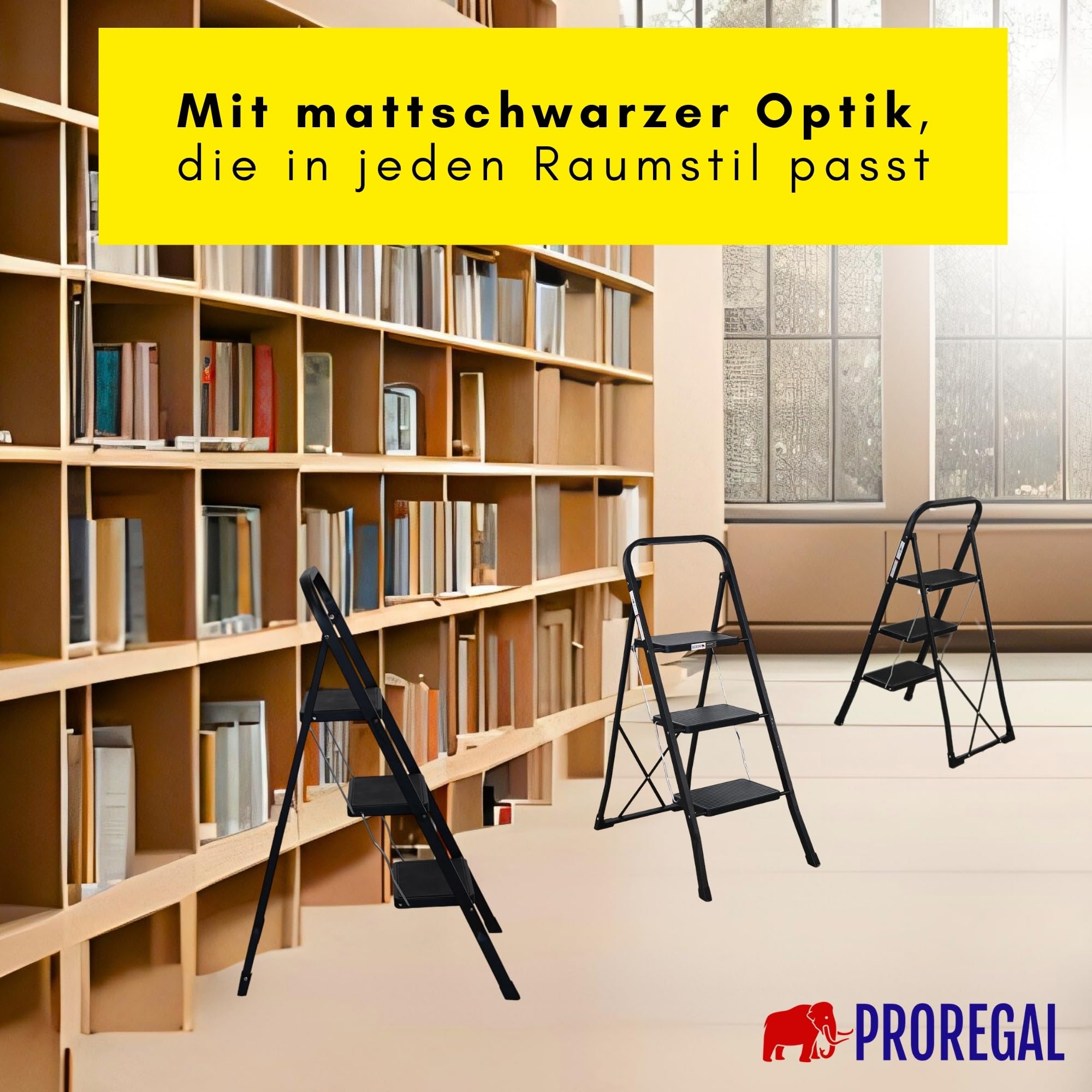 PROREGAL Trittleiter mit 3 Stufen TÜV extra breitem Anti-Rutsch-Tritt aus Leichtmetall, 5 kg leicht, klappbar Klappsicherung, bis 150 kg, schwarz, Leiter Klappleiter Haushaltsleiter Klapptritt