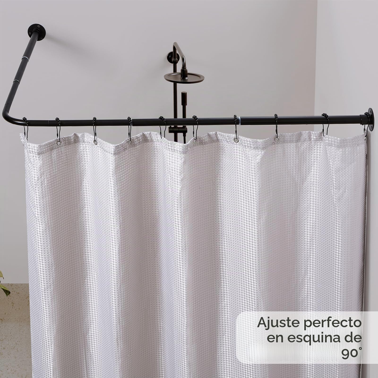 Barra de Ducha en Forma de L Ajustable [62-121 cm] x [62-121 cm] para Esquina, con 12 Ganchos y Soporte de Techo para Bañera - Negro Mate