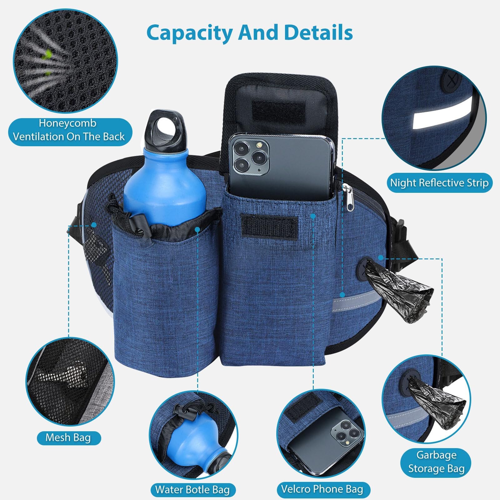 PETCUTE Laisse Mains Libres pour Chien, Ceinture Réglable de Laisse pour Chiens avec Sac de Ceinture,Couture Réfléchissante,Absorption de Choc, Idéal pour la Promenade et Le Jogging