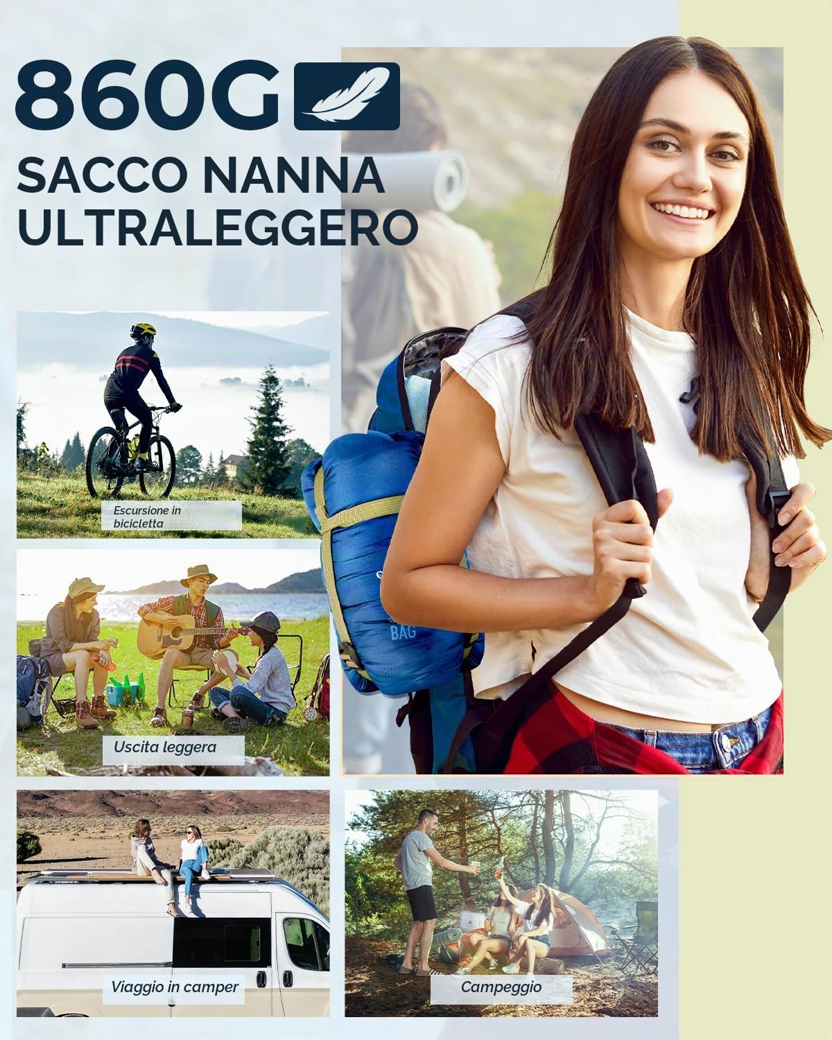 Sacco a Pelo, Ohuhu Estate Sacchi a Pelo per Adulti Sacchi a Pelo Leggero e Idrorepellente per Uso Interno ed Esterno,Zaino in Spalla e Campeggio ed Escursionismo, 15℃-25℃