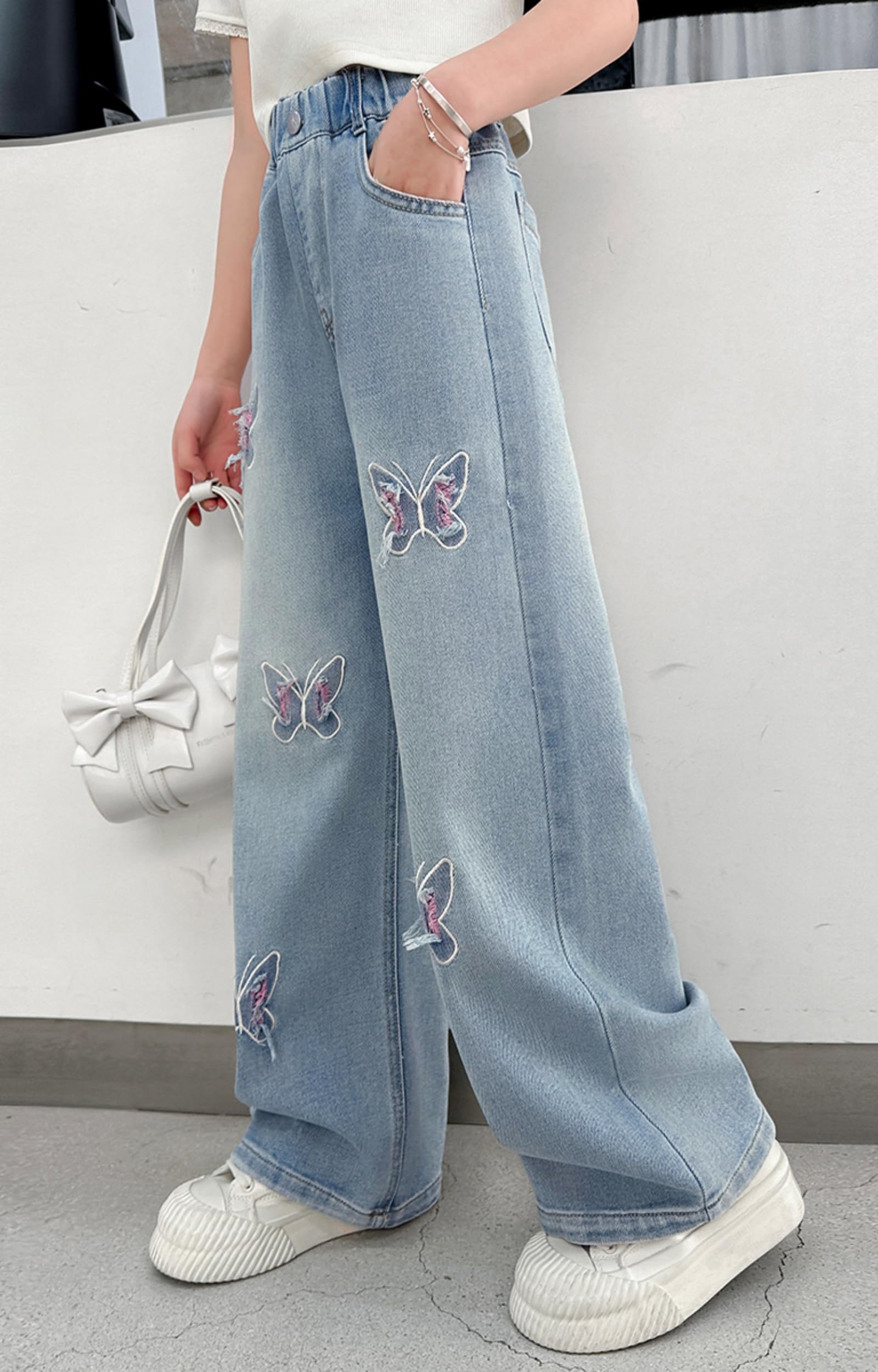 Rolanko Jeans holgados para niñas, pantalones de mezclilla desgastados, cintura elástica, pierna ancha, ajuste holgado de 4 a 14 años