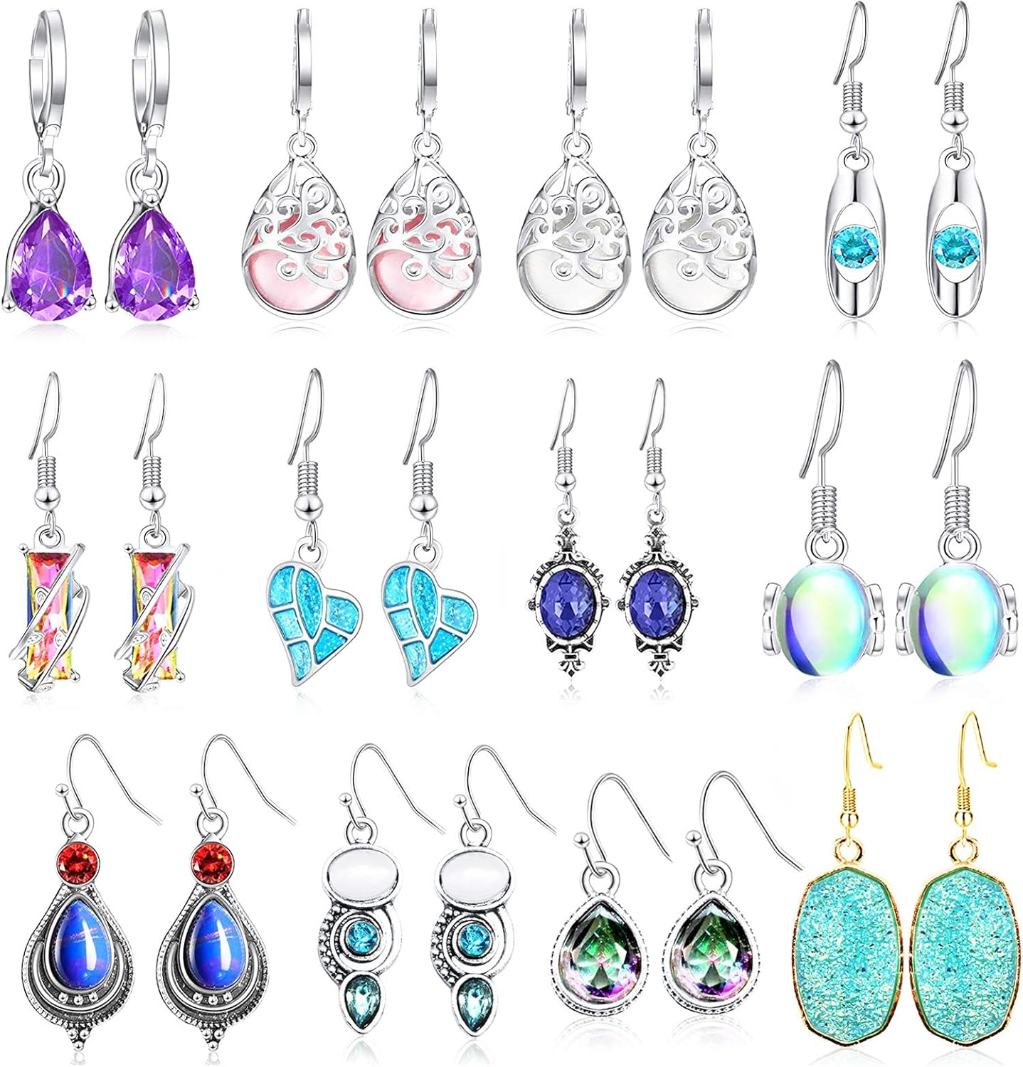 Uooker 12 Pairs Teardrop Crystal Pendant Earrings Cubic Zirconia Hoop