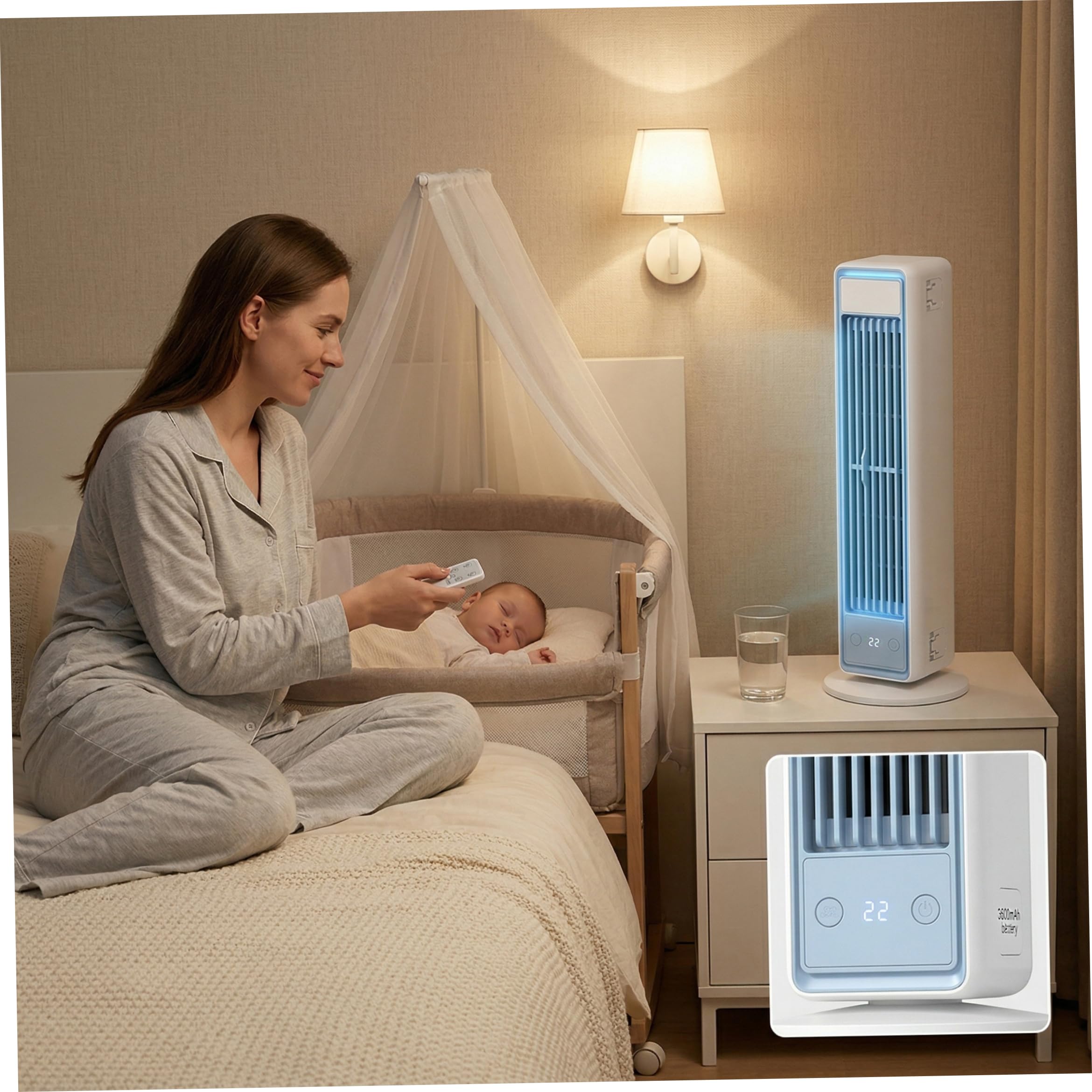 Aire acondicionado portátil pequeño: torre sin aspas con ventilador de CA de 3600 mah con control remoto, soporte/escritorio/montaje en pared 3 en 1, funcionamiento silencioso, 5 velocidades par